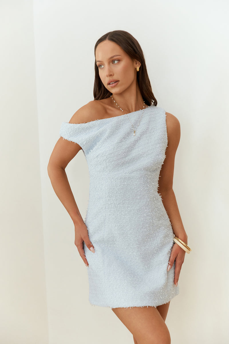 Beloved Dreams Off Shoulder Long Sleeve Mini Dress Blue
