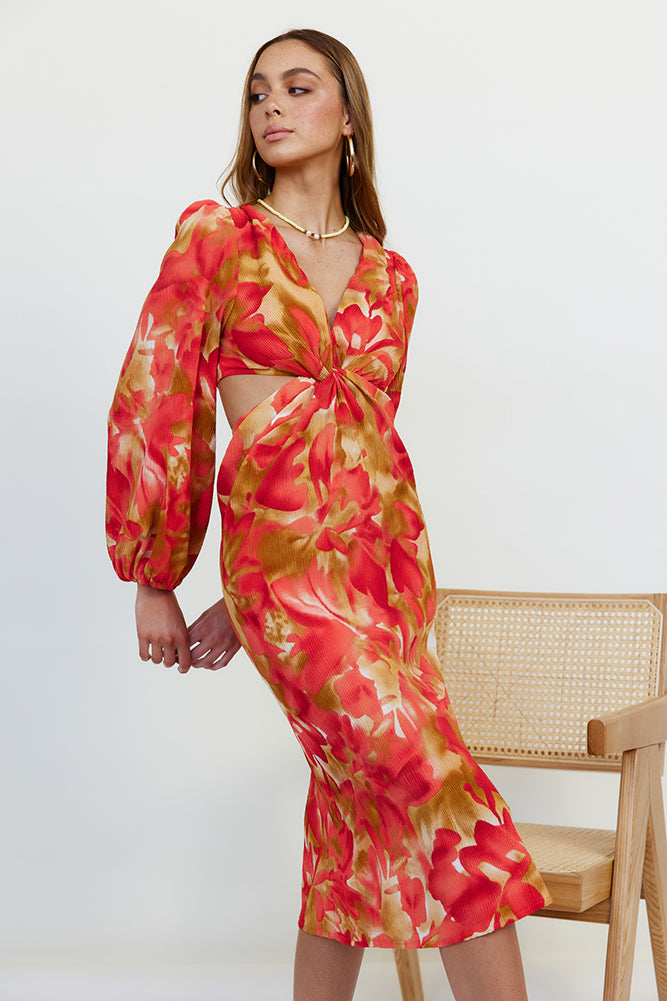 artola midi dress Showpo ARTOLA MIDI DRESS - FRONT CUT OUT LONG SLEEVE IN BLURRED DREAMS
