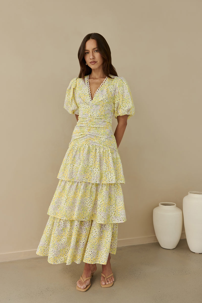 Corinna Tiered Maxi Dress Lemon | Fortunate One