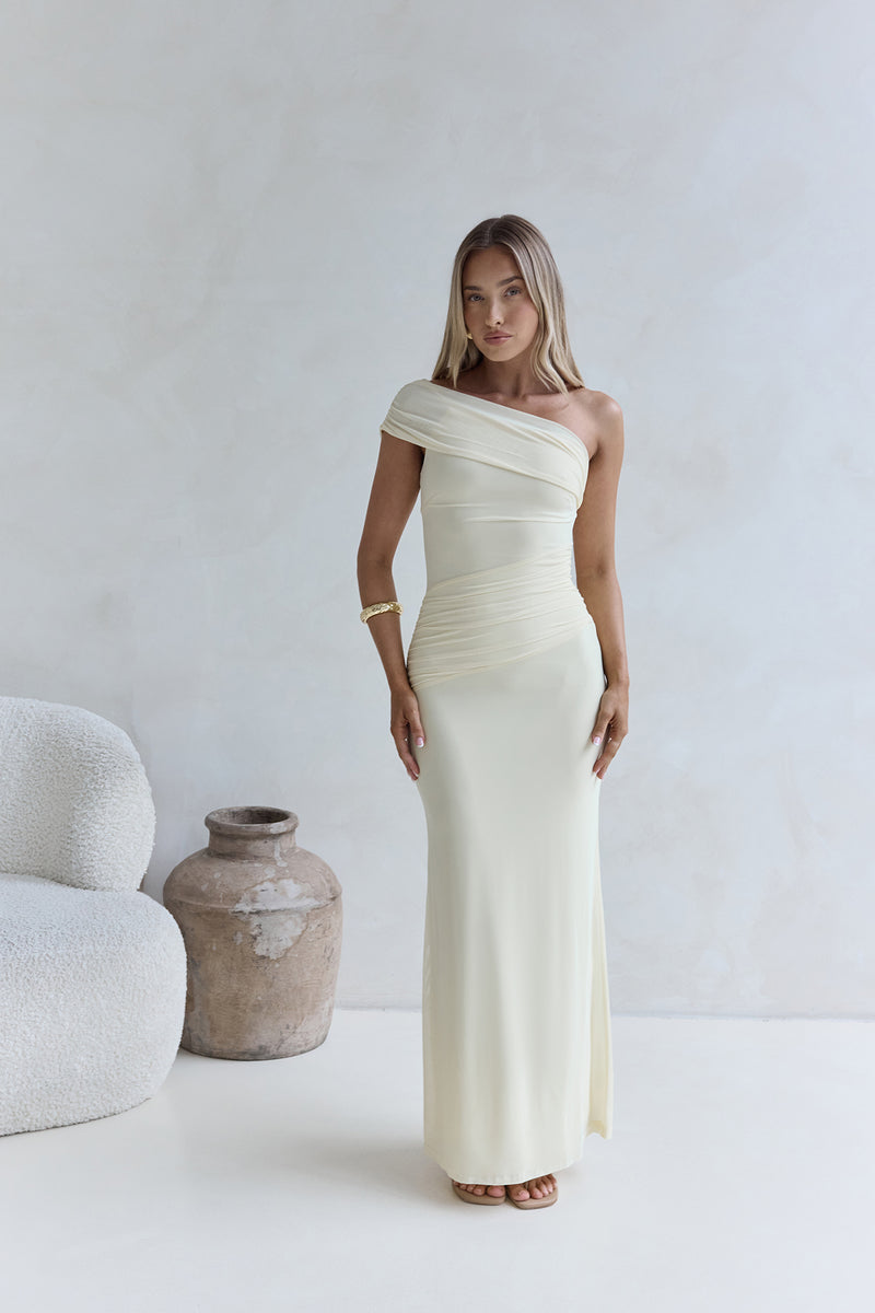 Kiss The Moon One Shoulder Mesh Maxi Dress Lemon | Fortunate One