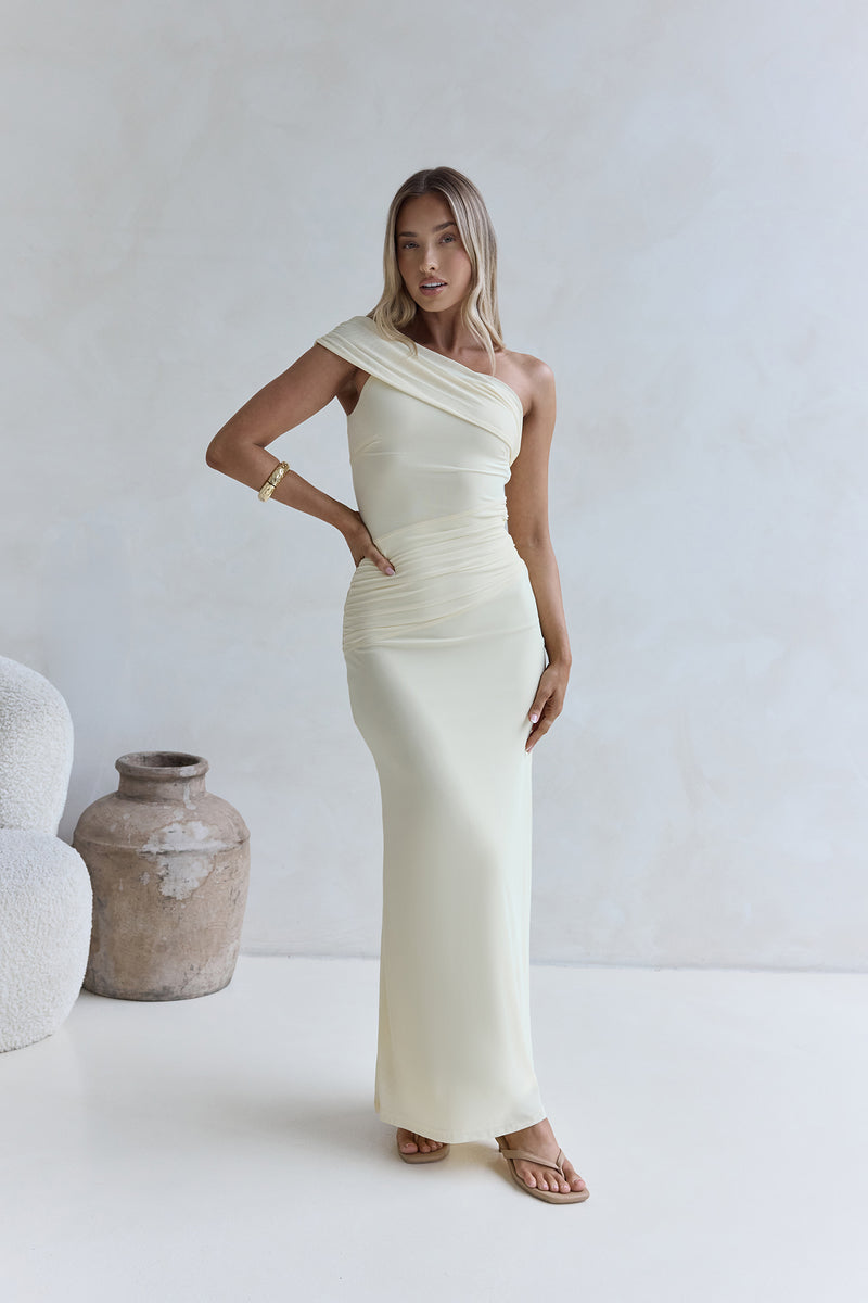 Kiss The Moon One Shoulder Mesh Maxi Dress Lemon | Fortunate One