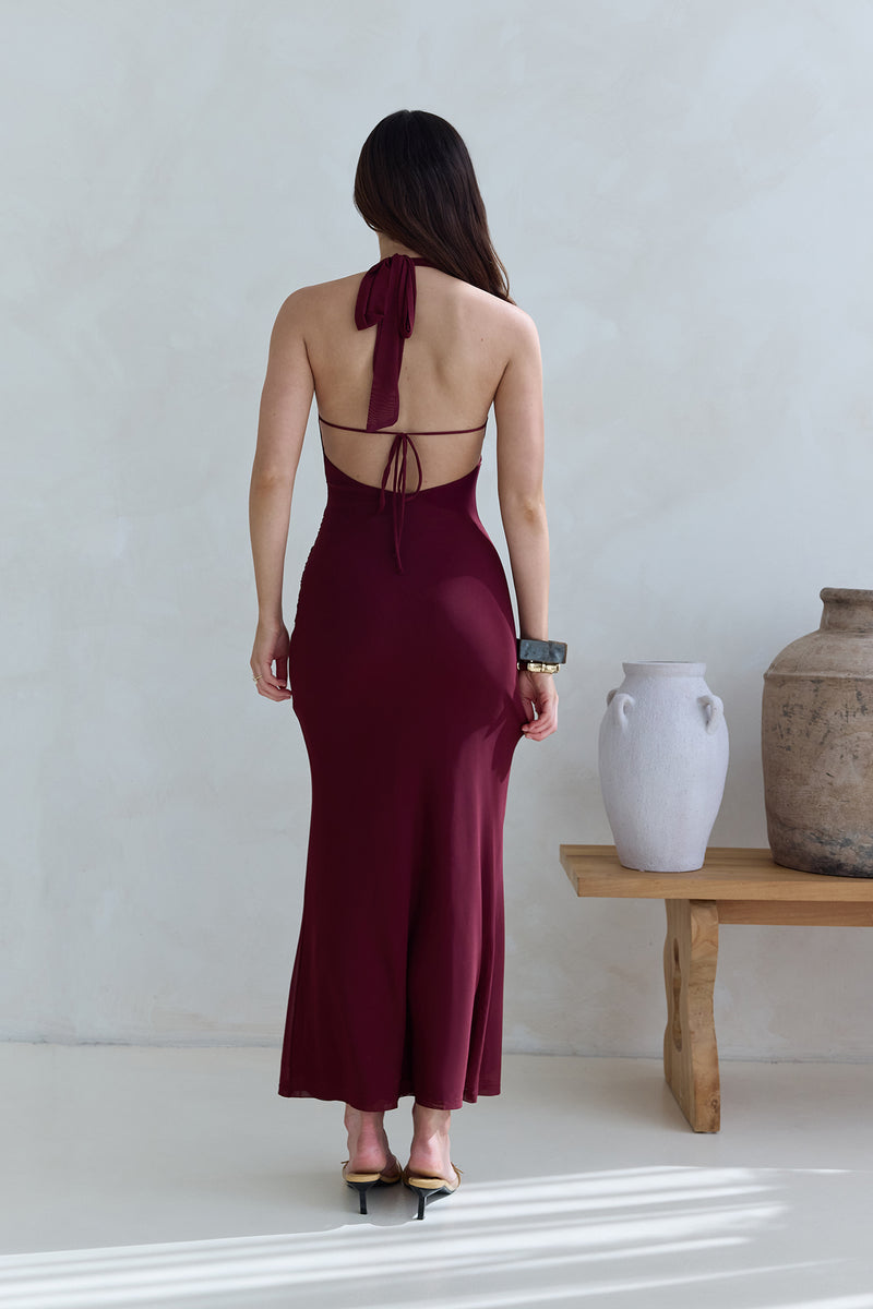 Taste Of Luxe Halter Mesh Maxi Dress Burgundy Size S