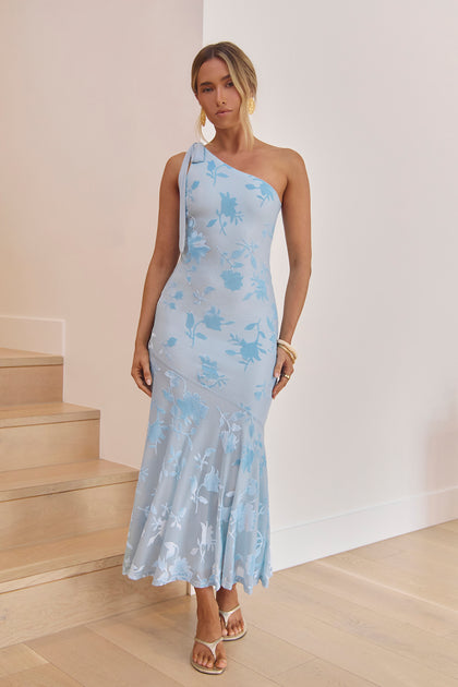 one shoulder long dress medallion print casual Adrianna Papell One Shoulder Metallic Stripe Floral Maxi Dress