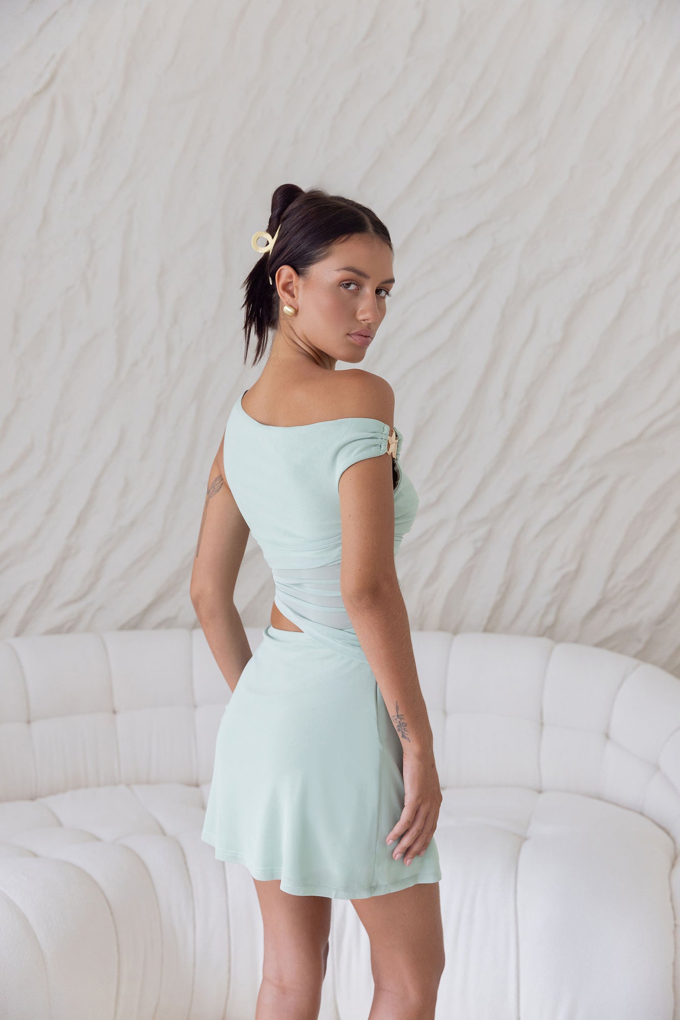 Forever Present Off Shoulder Mesh Mini Dress Sage Size M Forever Present Off Shoulder Mesh Mini Dress Sage Size M