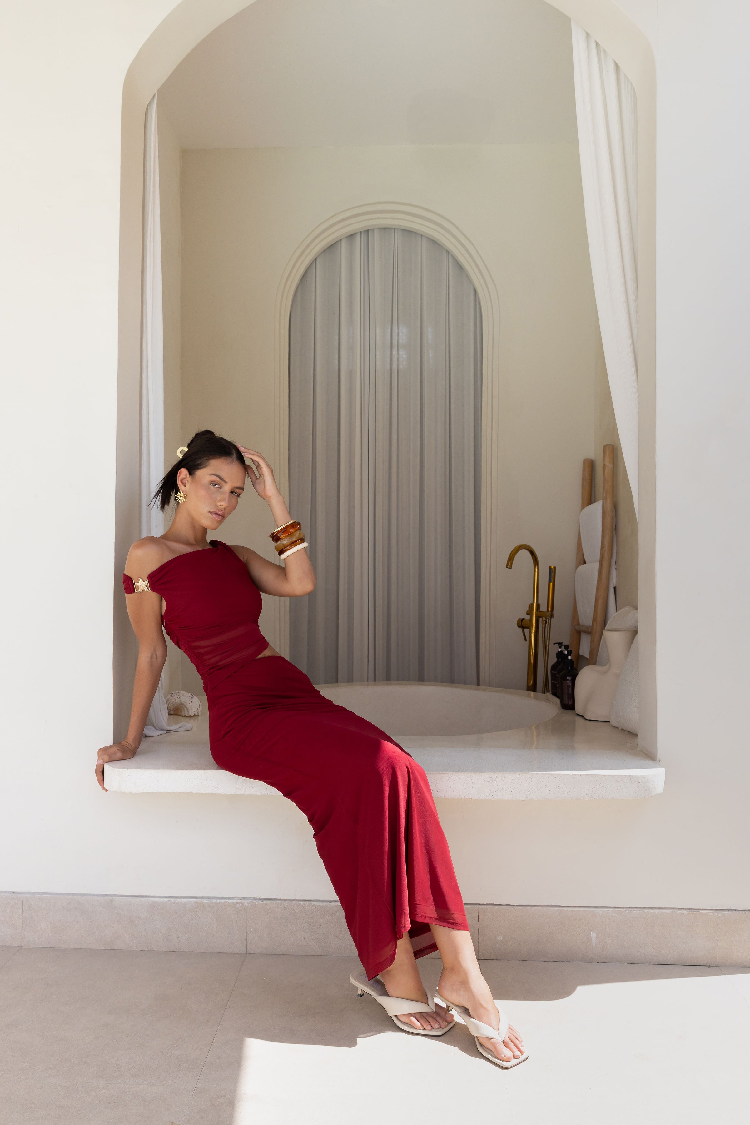 red off the shoulder summer dress Therese Off Shoulder Ruched Maxi Dress / Red | MESHKI