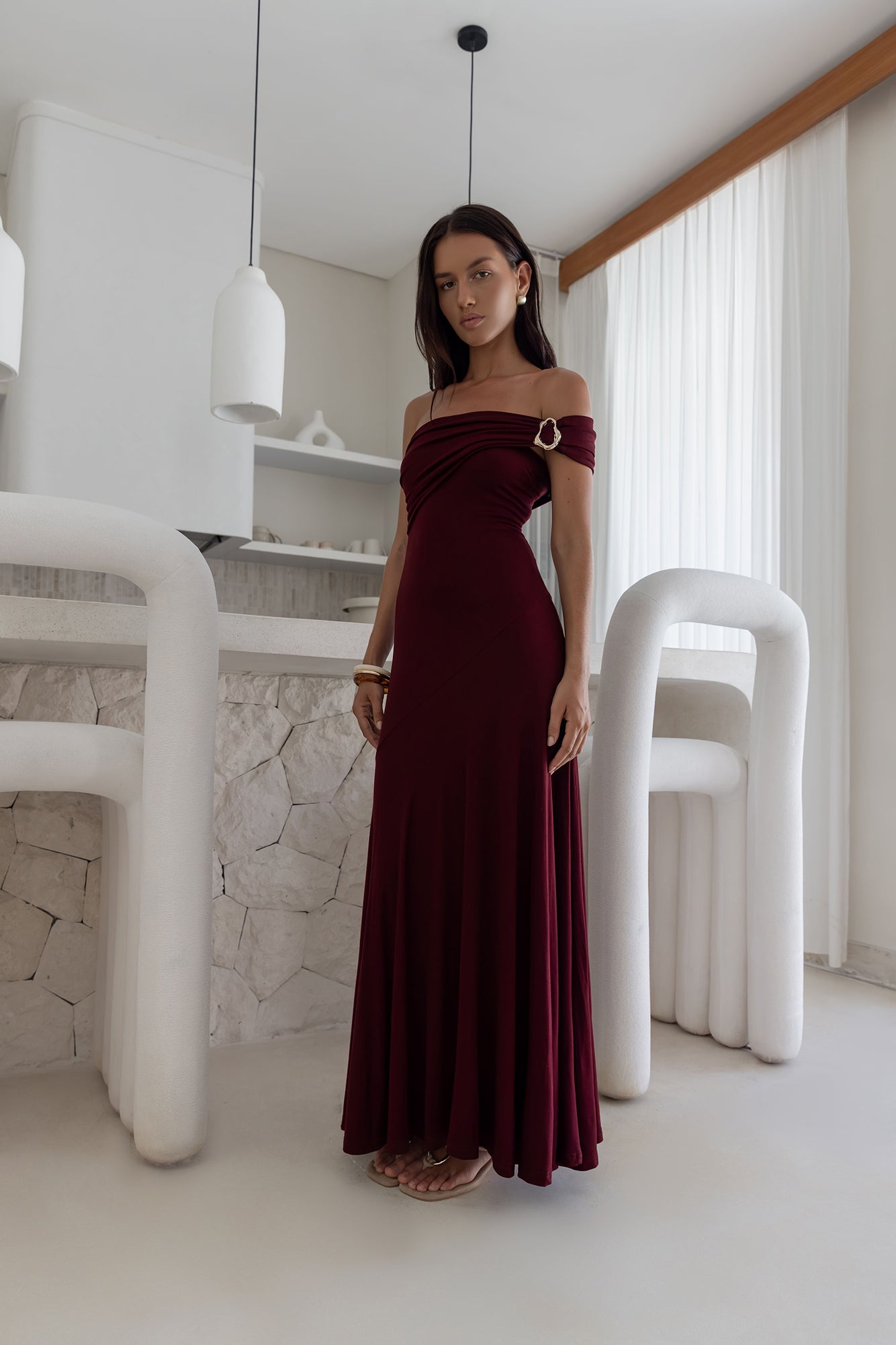wine off shoulder dress Lara 28957 Off Shoulder Satin Wedding Guest Dress with Slit Navy / 10