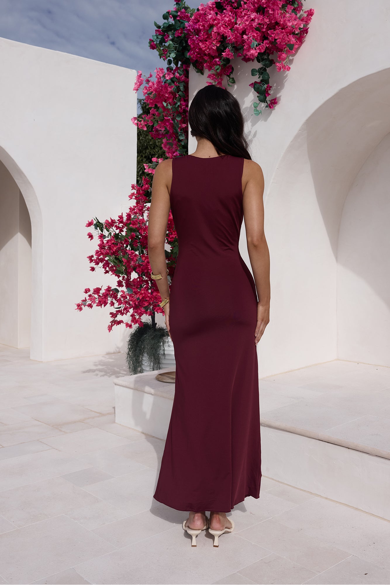 marroon maxi dress Long Sleeve Crystal Mesh A Line Maxi Dress Burgundy
