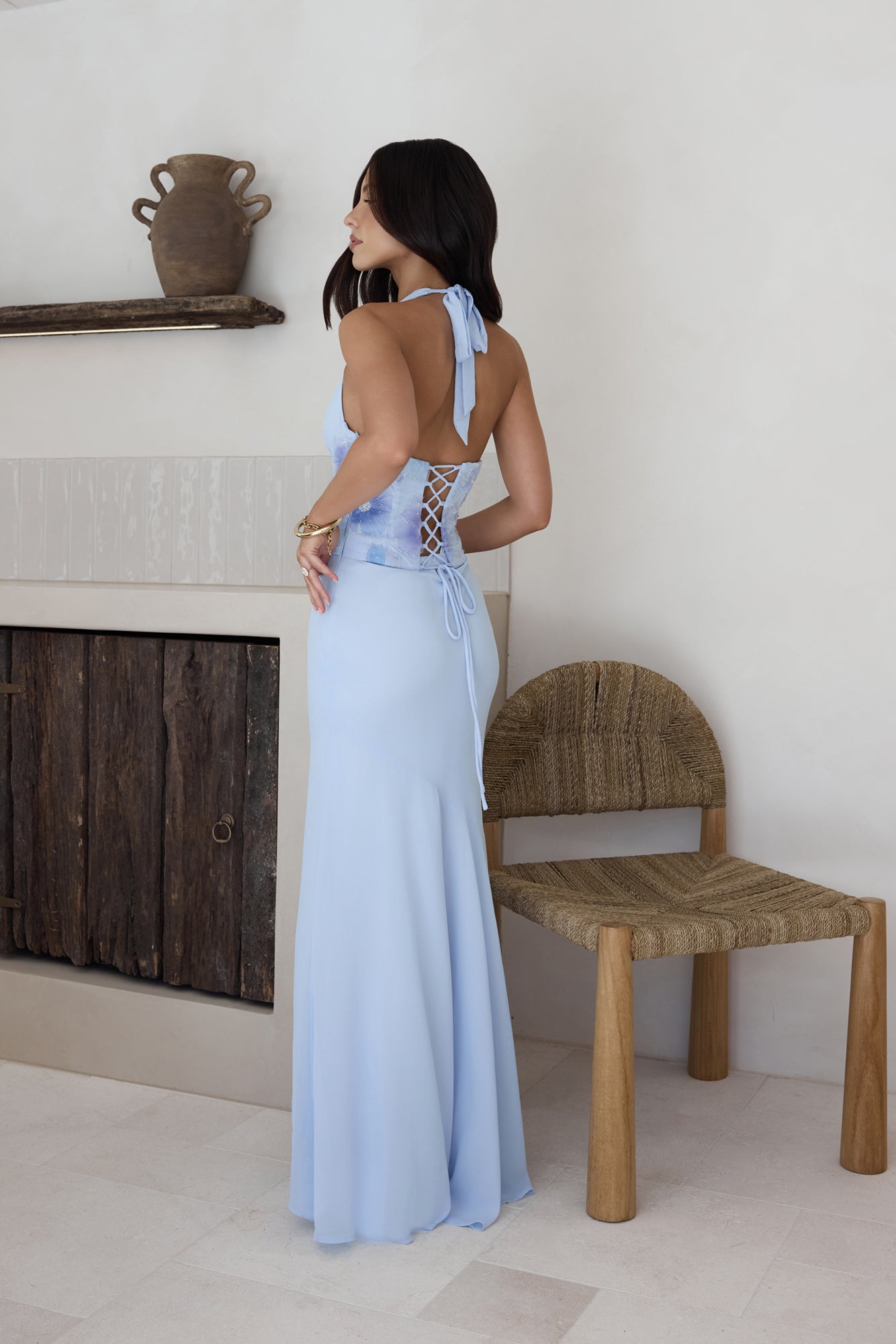 Cross The Seas Halter Maxi Dress Blue Size M Cross The Seas Halter Maxi Dress Blue Size M