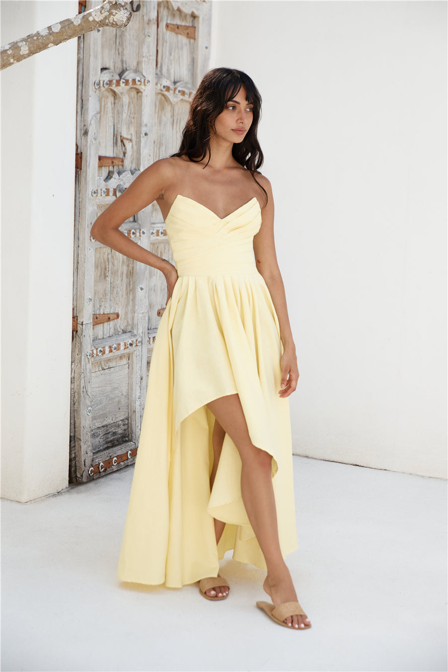 yellow strapless silk dress yellow floor length dress La Lune Strapless Ruched Bodice Maxi Dress | Lemon