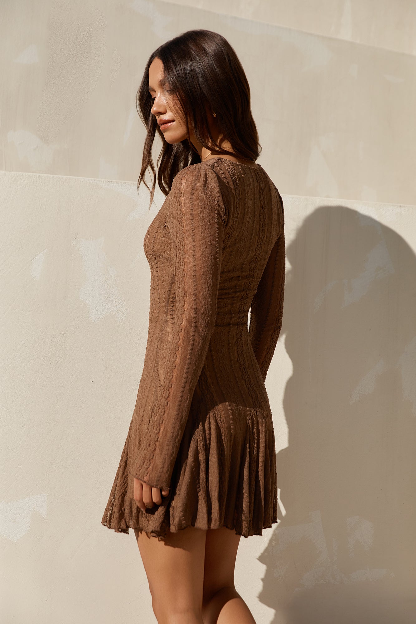 mocha long sleeve short dress Chic Sweetheart Embroidered Mini Dress in Iced Mocha M / Iced Mocha