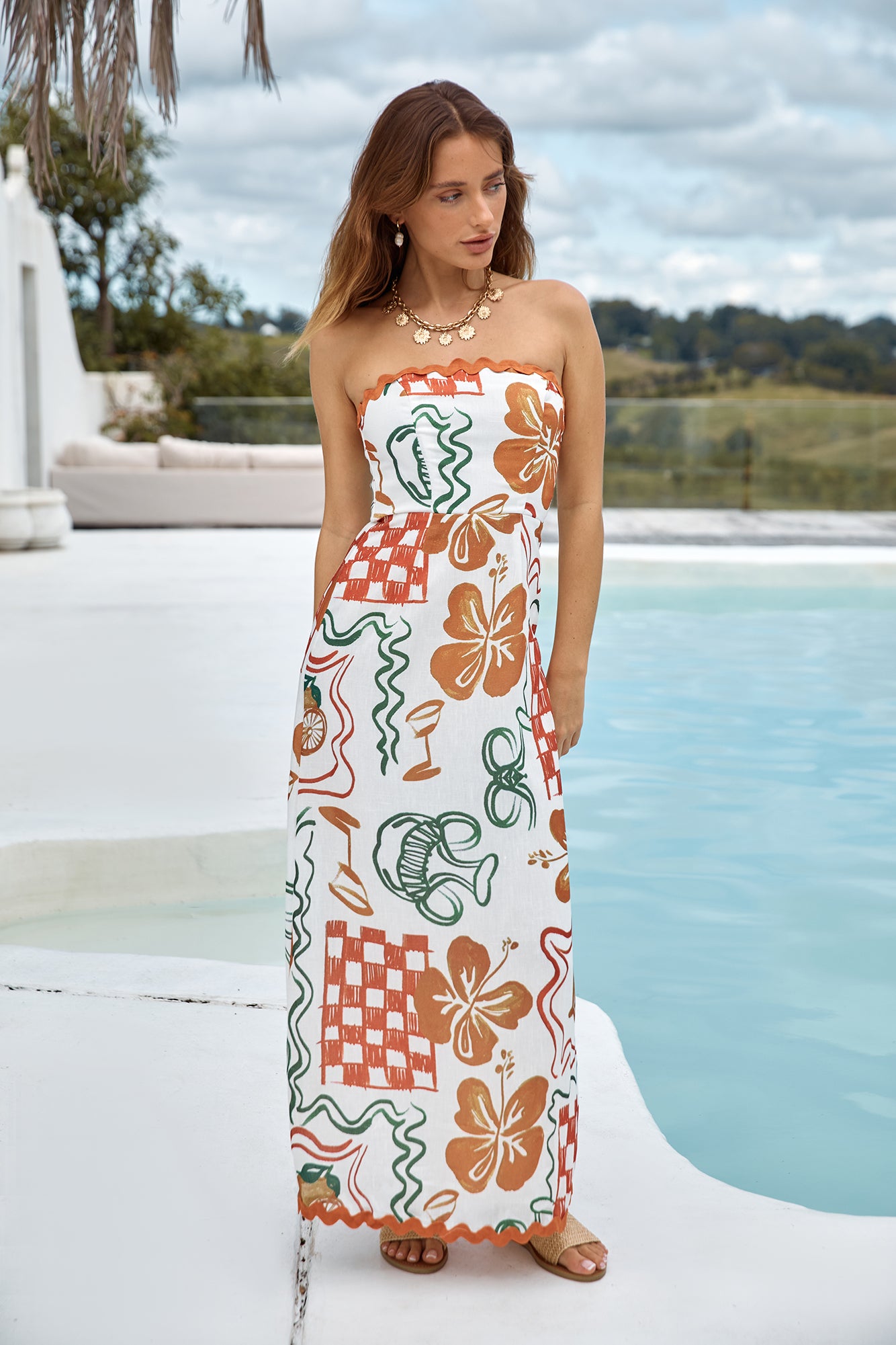 Hawaiian Retreat Strapless Maxi Dress Orange Size XL Hawaiian Retreat Strapless Maxi Dress Orange Size XL