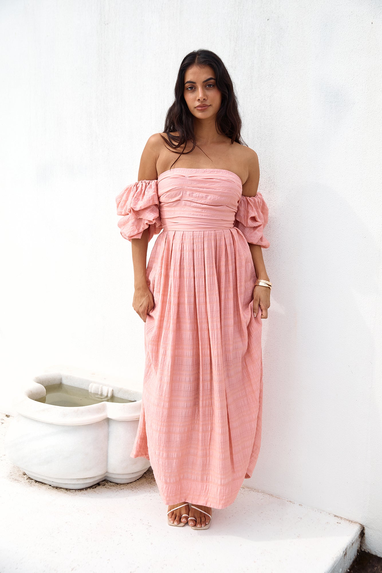 High Tea Off Shoulder Maxi Dress Pink | Fortunate One High Tea Off Shoulder Maxi Dress Pink | Fortunate One