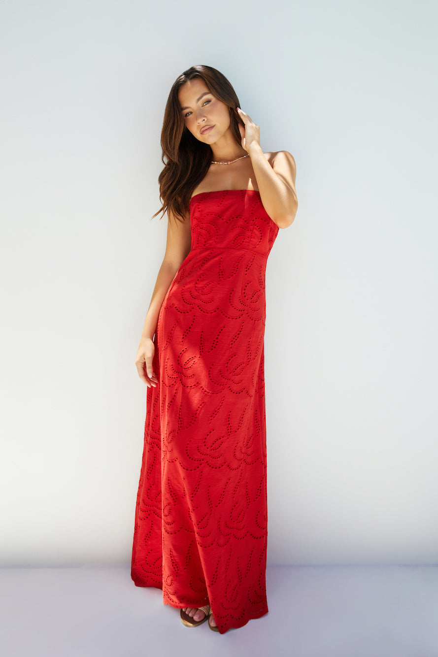 Rustic Rouge Dress Riviera Rouge Strapless Maxi Dress Red | Fortunate One