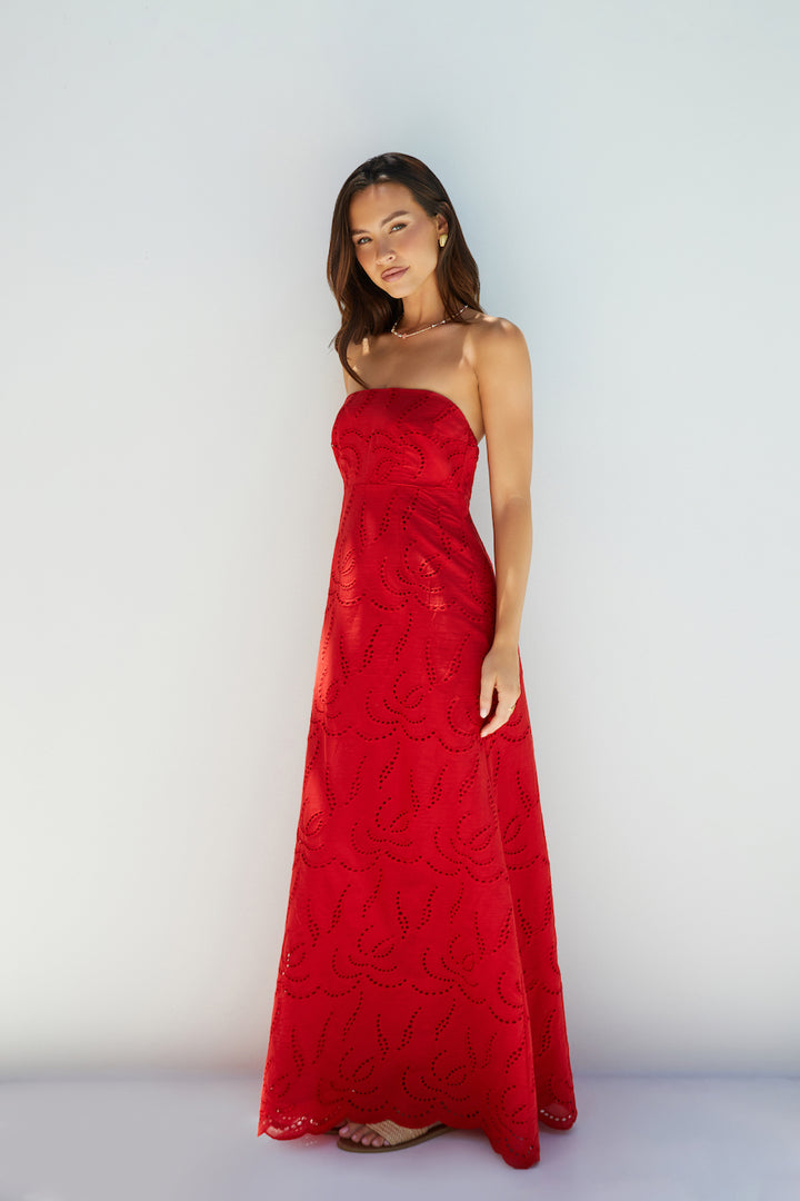 Rustic Rouge Dress Riviera Rouge Strapless Maxi Dress Red | Fortunate One