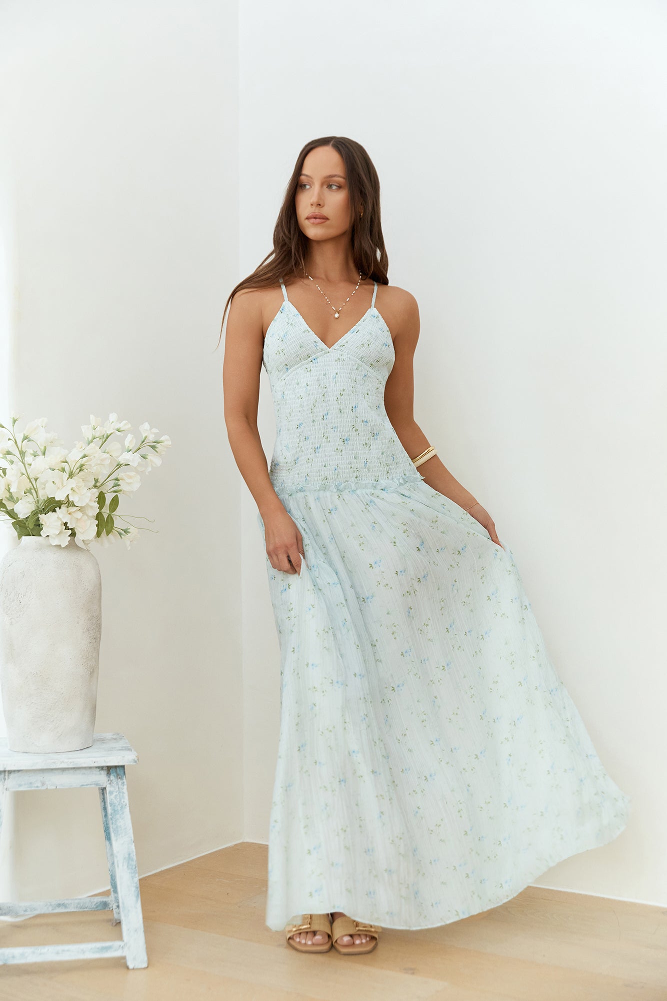 green emerald velvet dress Floral V-Neck Long-Sleeve Dress | Blue Maxi Dress main image 1