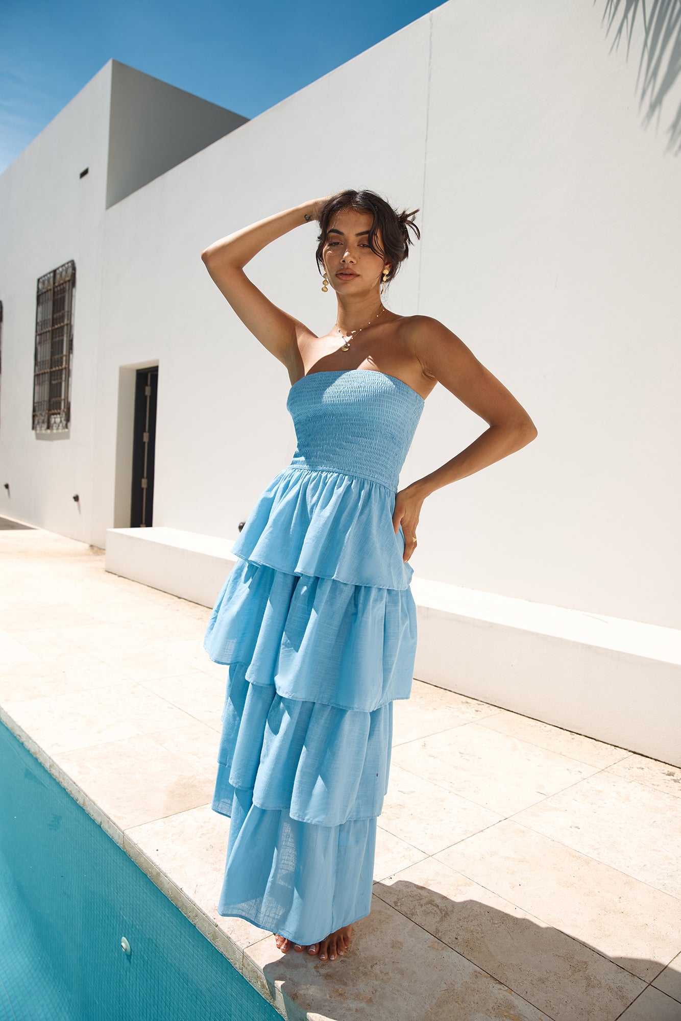 glorie strapless maxi dress light blue Sheer Grace Strapless Glitter Maxi Dress Powder Blue
