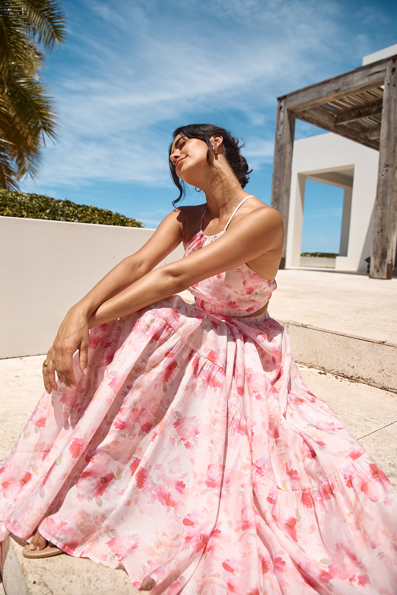 sunset pink dress Sunset Palm Coral Print Midi Dress | Trendy Women's Dresses