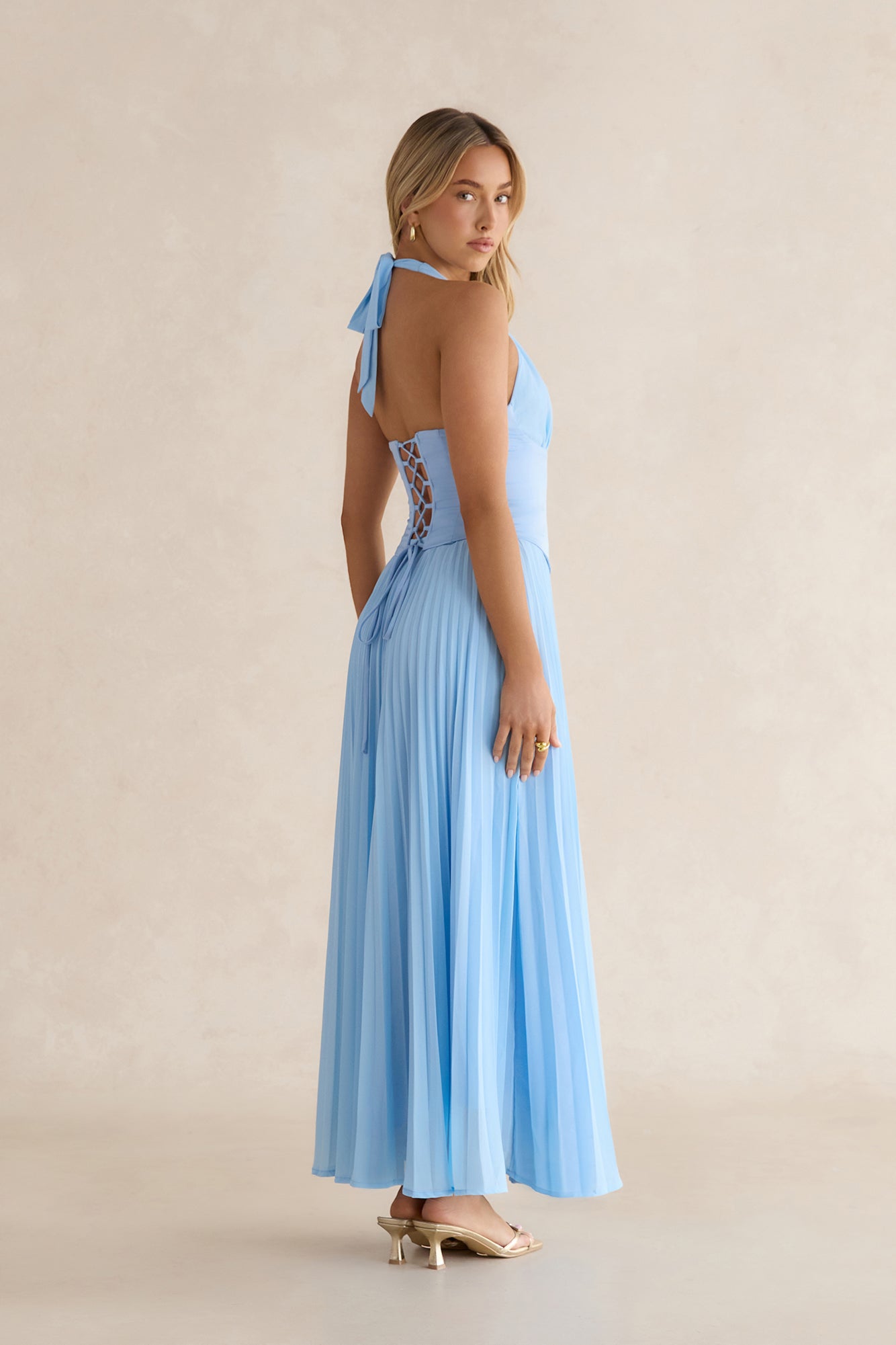 Paradise Falls Plisse Halter Maxi Dress Light Blue