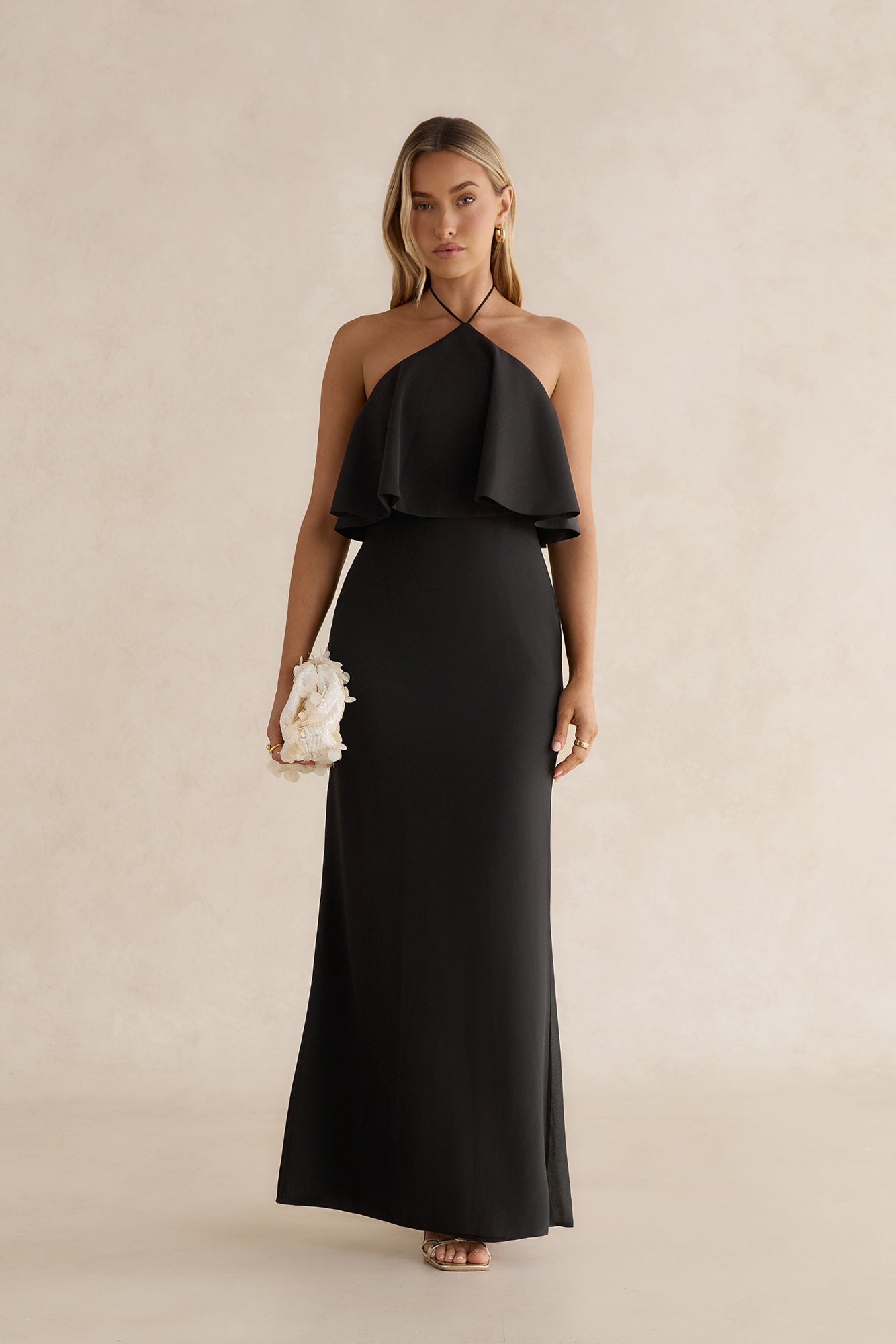 Silken Radiance Halter Maxi Dress Black