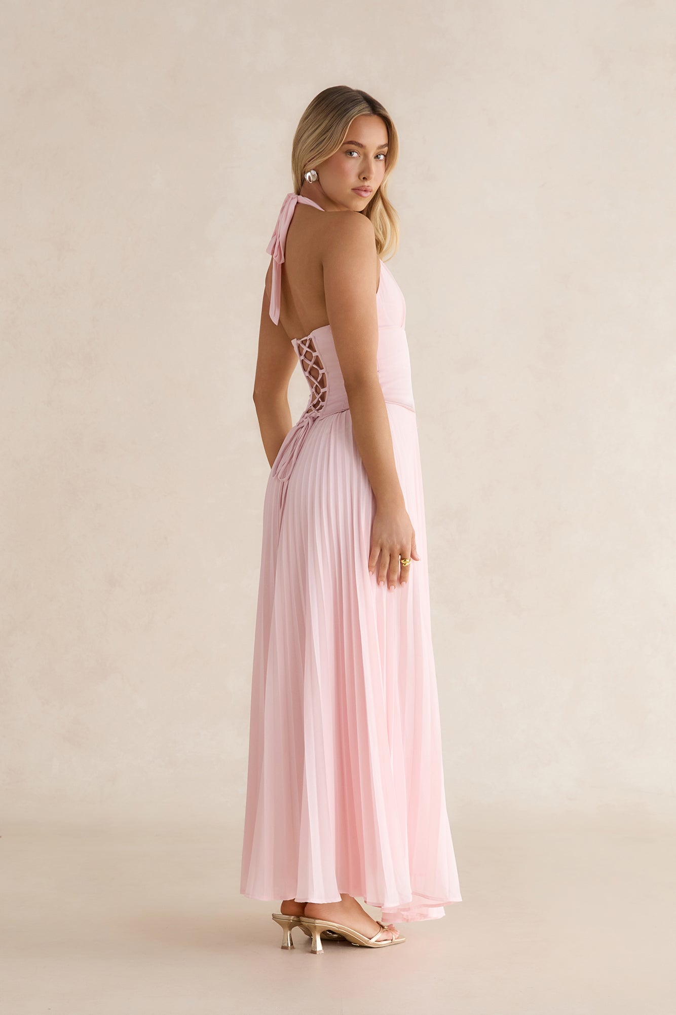 light pink halter maxi dress Devotion Twist Bust Halter Maxi Dress Baby Pink