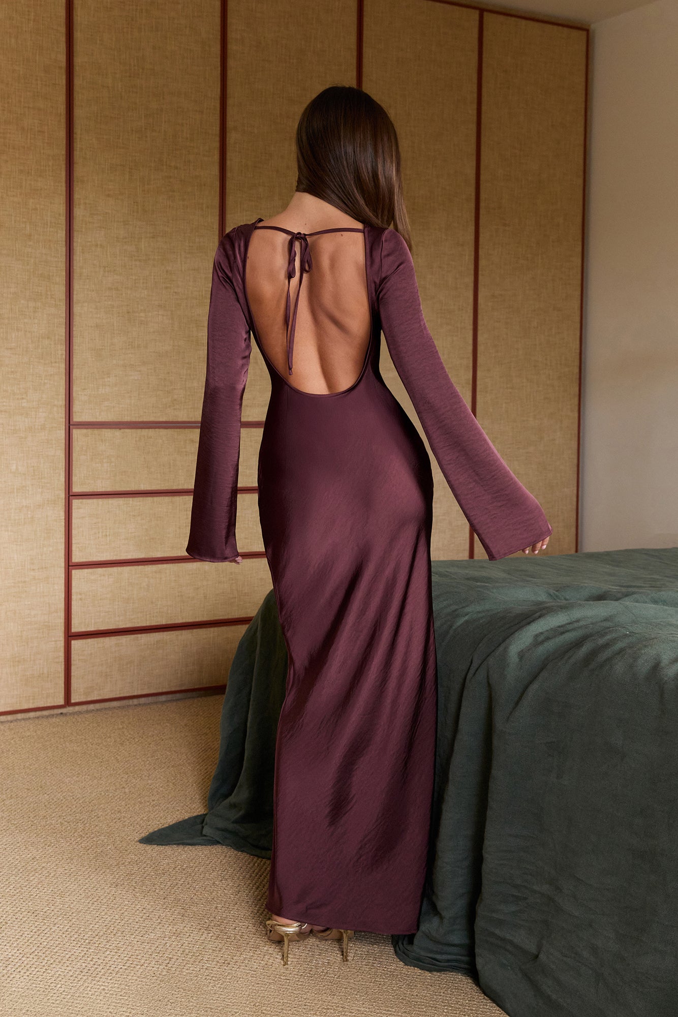 Sweet Clover Long Sleeve Satin Maxi Dress Chocolate