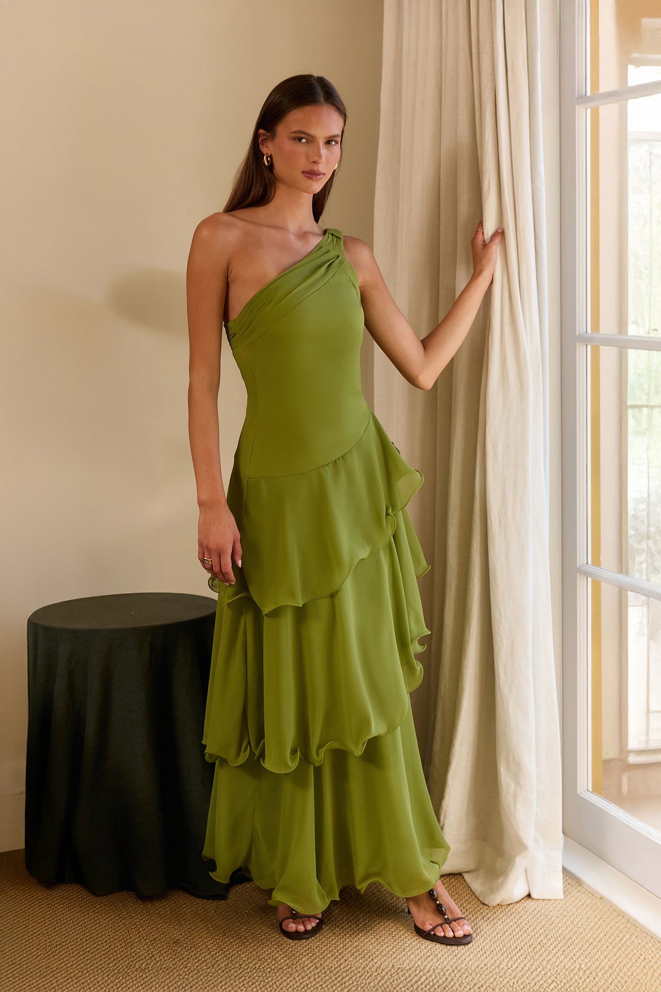 Solana One Shoulder Tiered Maxi Dress Olive