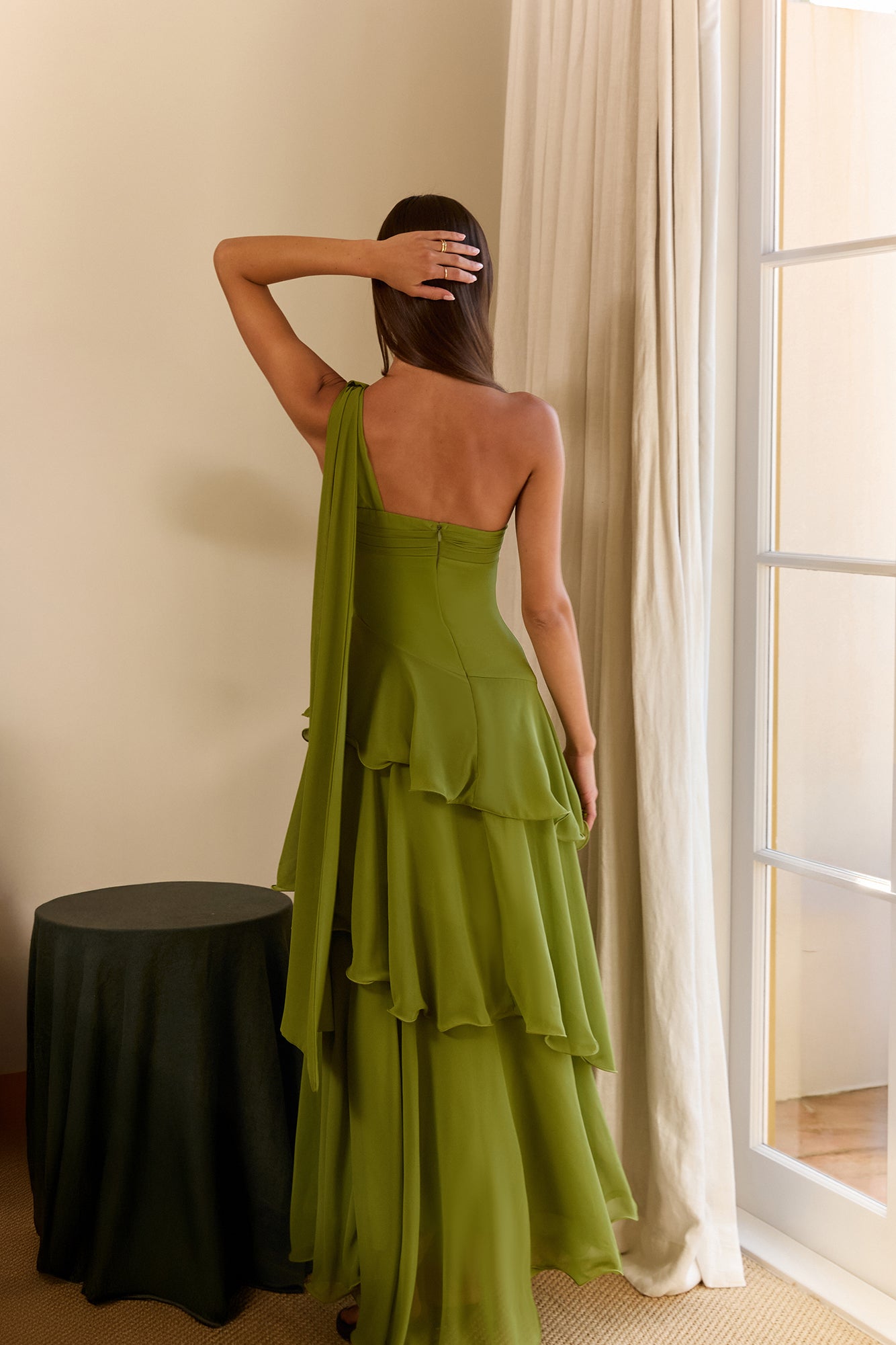 Solana One Shoulder Tiered Maxi Dress Olive