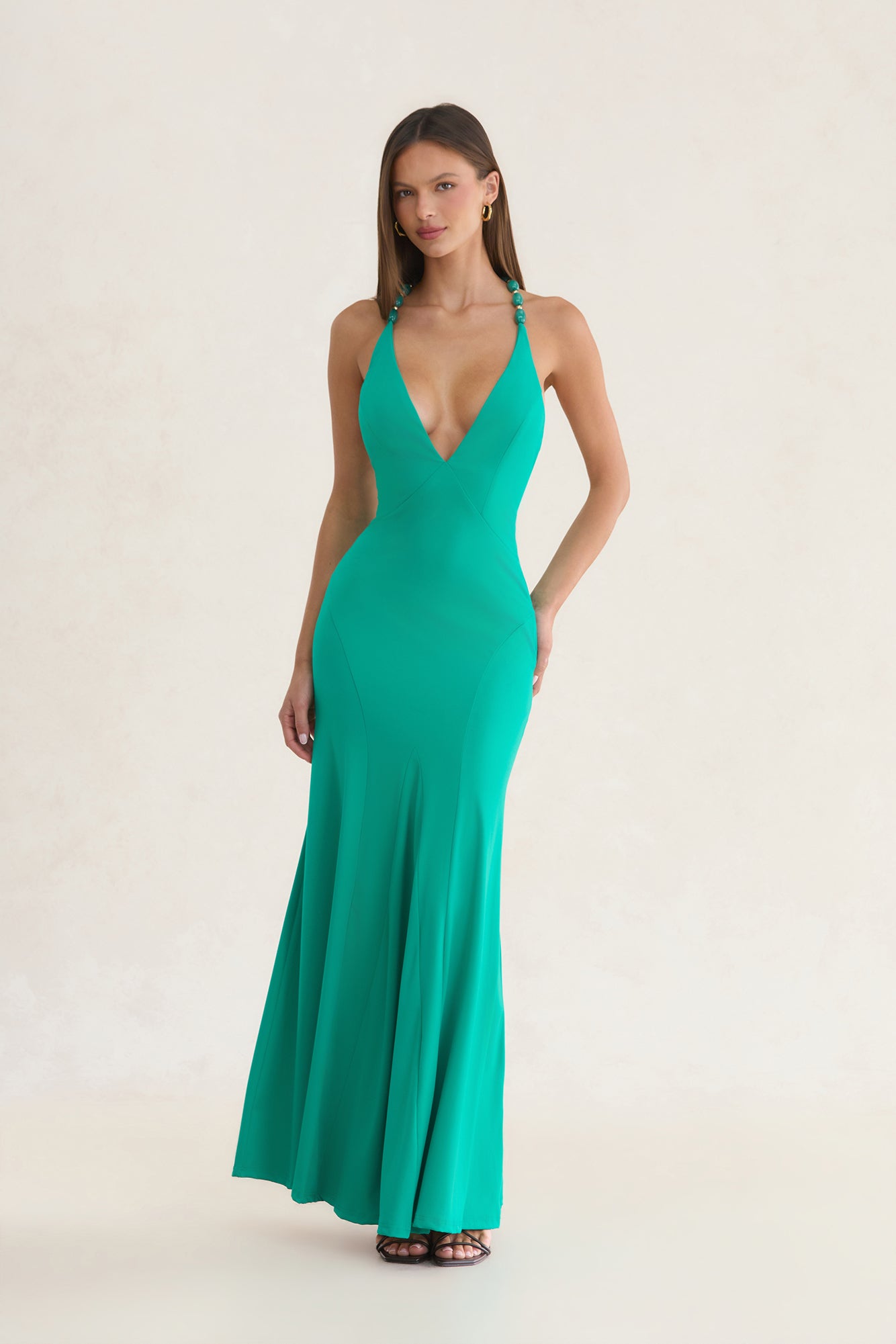 Gilded Radiance Beaded Back Maxi Dress Green