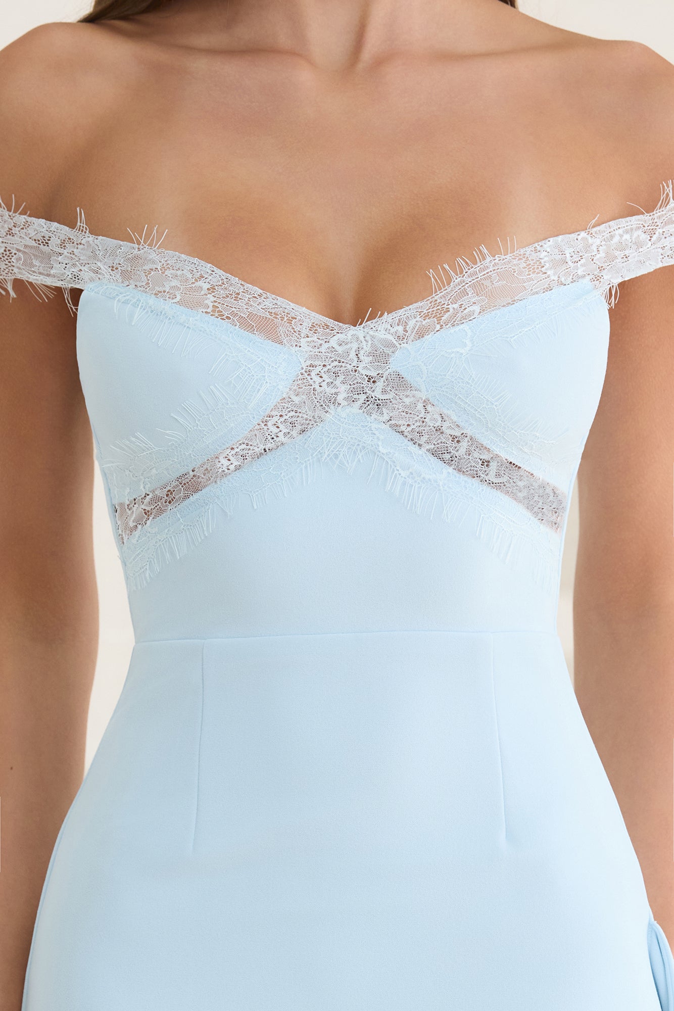 Ethereal Lace Off Shoulder Maxi Dress Light Blue