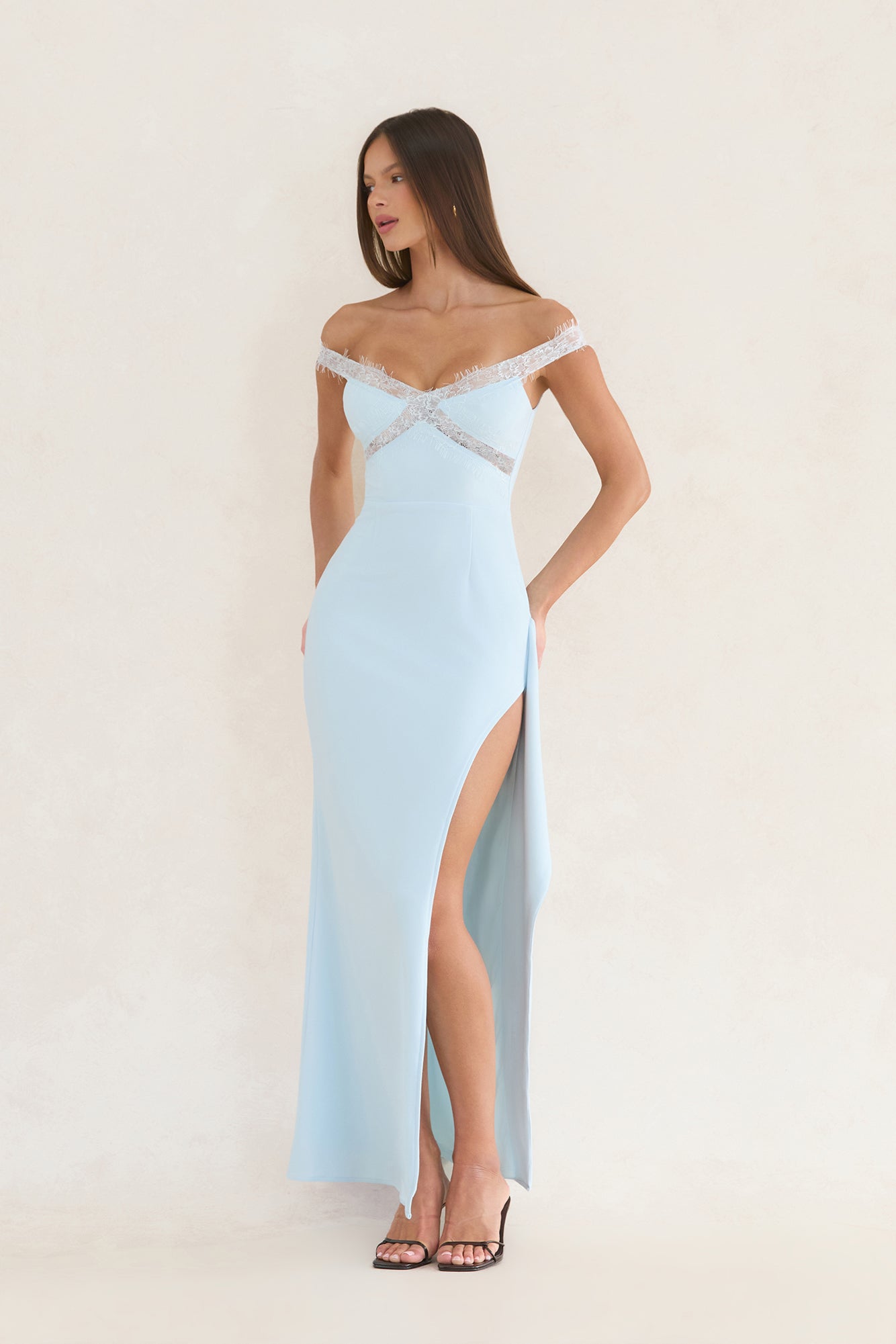 Ethereal Lace Off Shoulder Maxi Dress Light Blue
