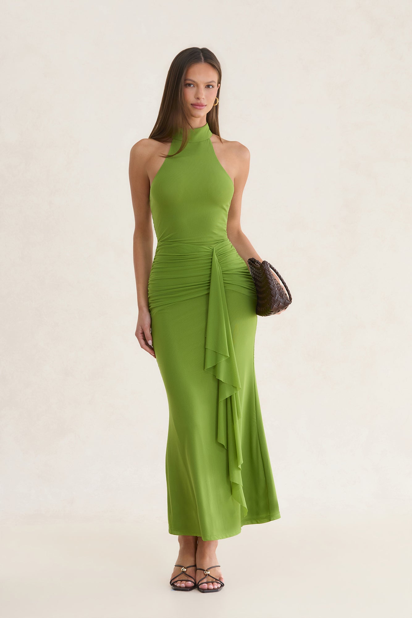 Rosalia High Neck Ruched Maxi Dress Olive