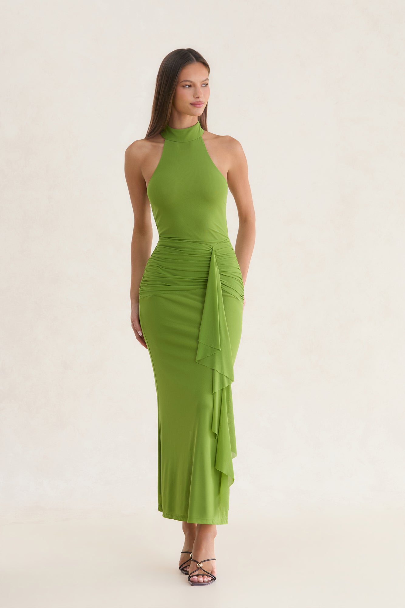 Rosalia High Neck Ruched Maxi Dress Olive