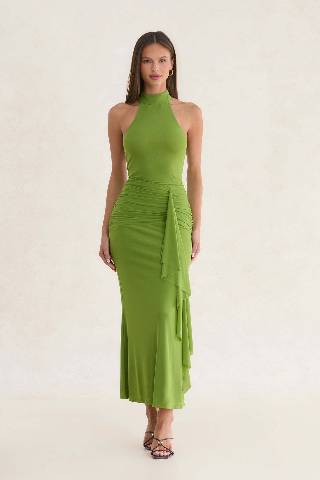 Rosalia High Neck Ruched Maxi Dress Olive
