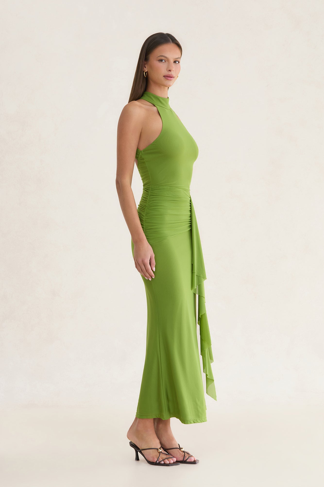 Rosalia High Neck Ruched Maxi Dress Olive