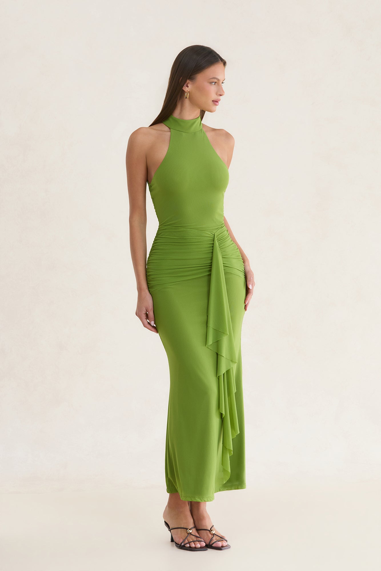Rosalia High Neck Ruched Maxi Dress Olive