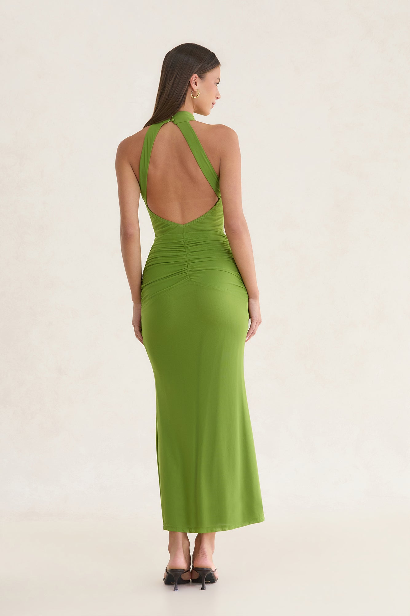 Rosalia High Neck Ruched Maxi Dress Olive