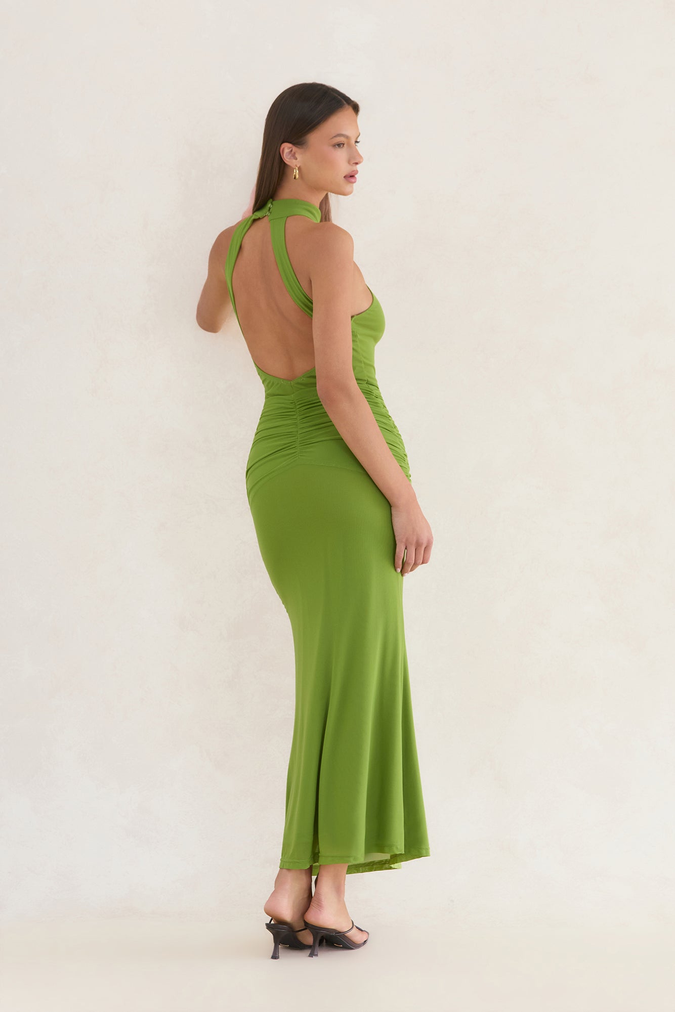 Rosalia High Neck Ruched Maxi Dress Olive