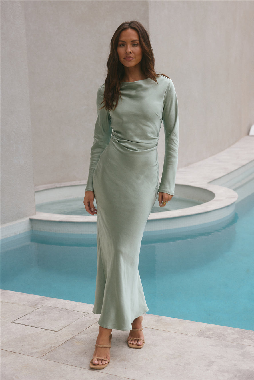 Womens Sage Green Satin Long Sleeve Maxi Dress S Womens Sage Green Satin Long Sleeve Maxi Dress S