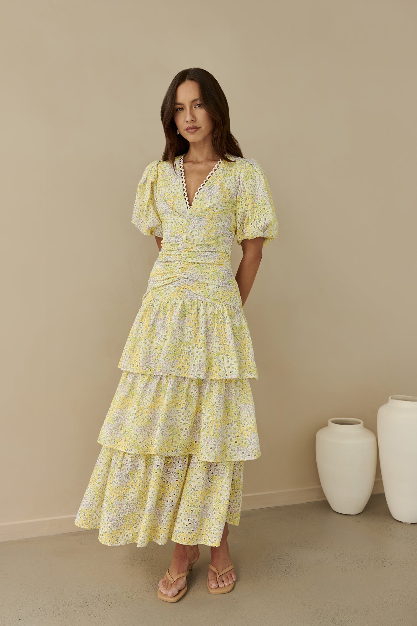 corrine tiered sleeve maxi dress Corinna Tiered Maxi Dress Lemon