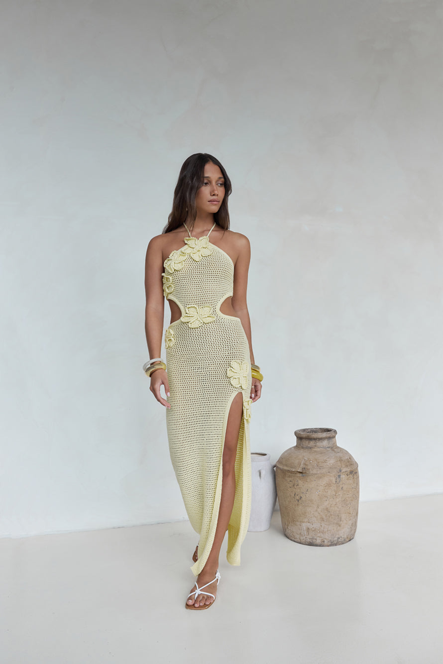 Monaco Sun Knit Halter Maxi Dress Yellow | Fortunate One Monaco Sun Knit Halter Maxi Dress Yellow | Fortunate One