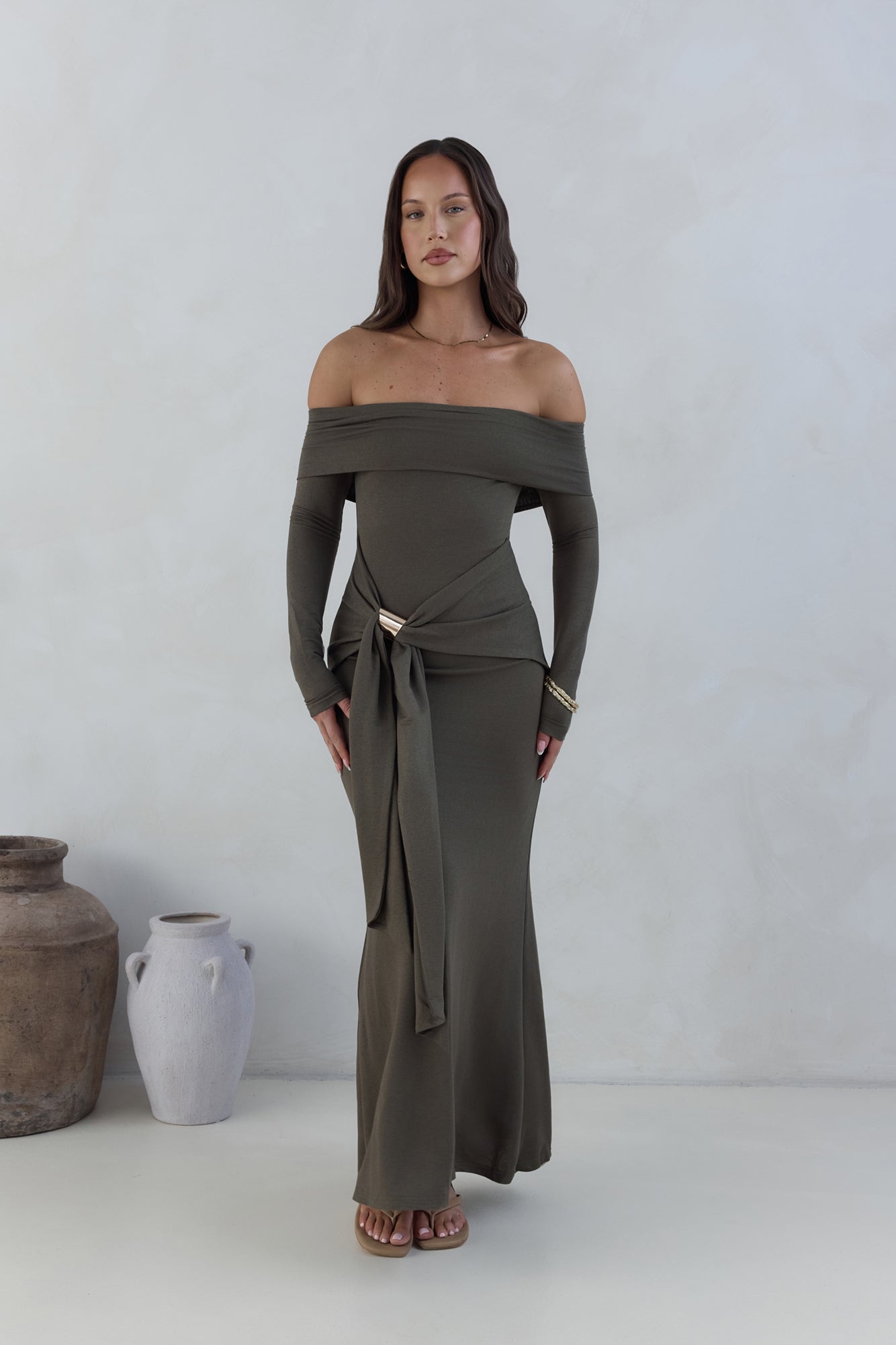 long sleeve off the shoulder maxi dress Off-Shoulder Long-Sleeve in Chocolate Brown - M %0D%0ADelicate%20sewing%20and%20hemming%20by%20durable%20needle%20lockstitch%20machine Long Sleeve Off The Shoulder