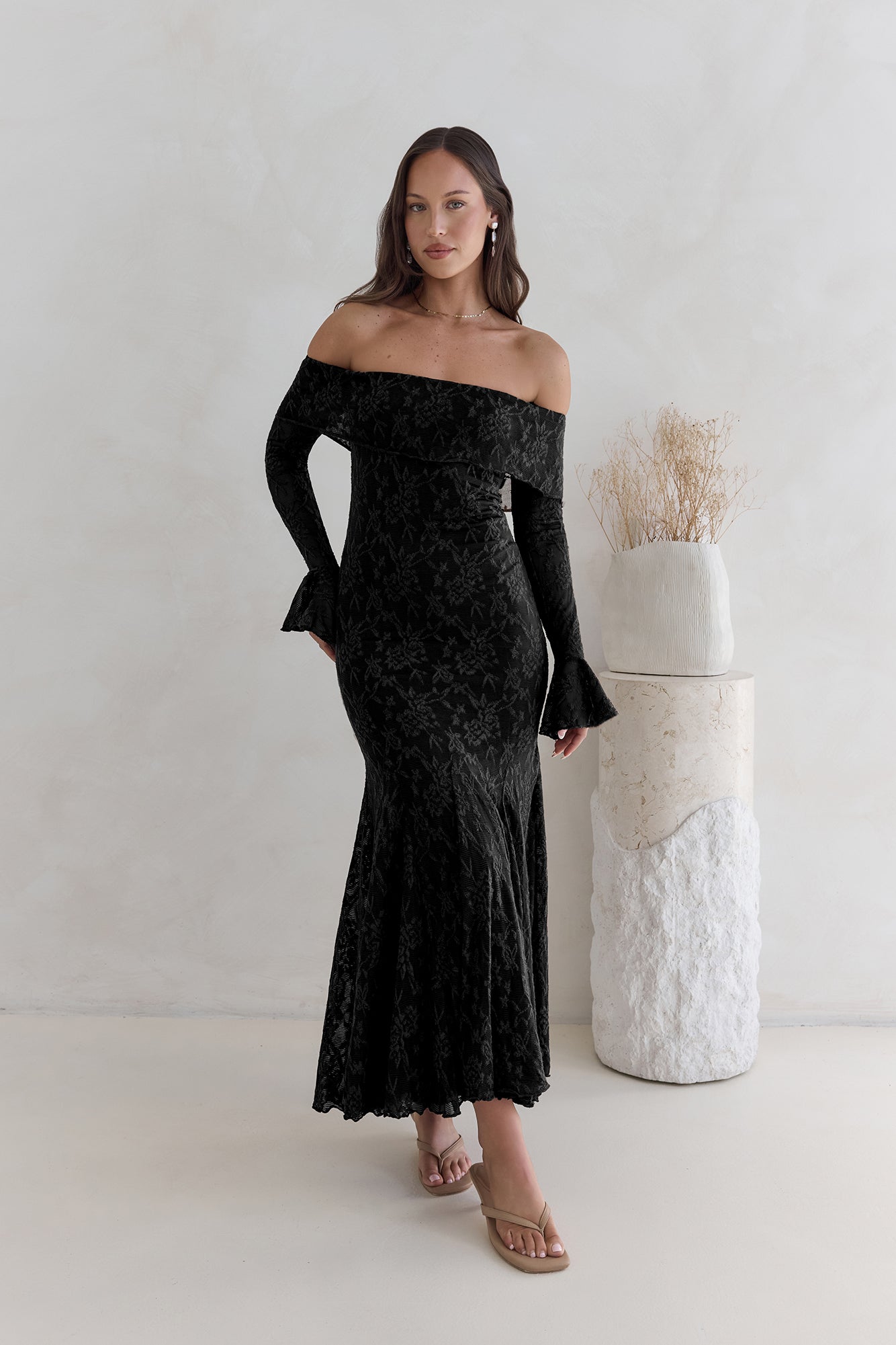 lynne black off the shoulder maxi dress Here For Love Off Shoulder Mesh Maxi Dress Black Size S
