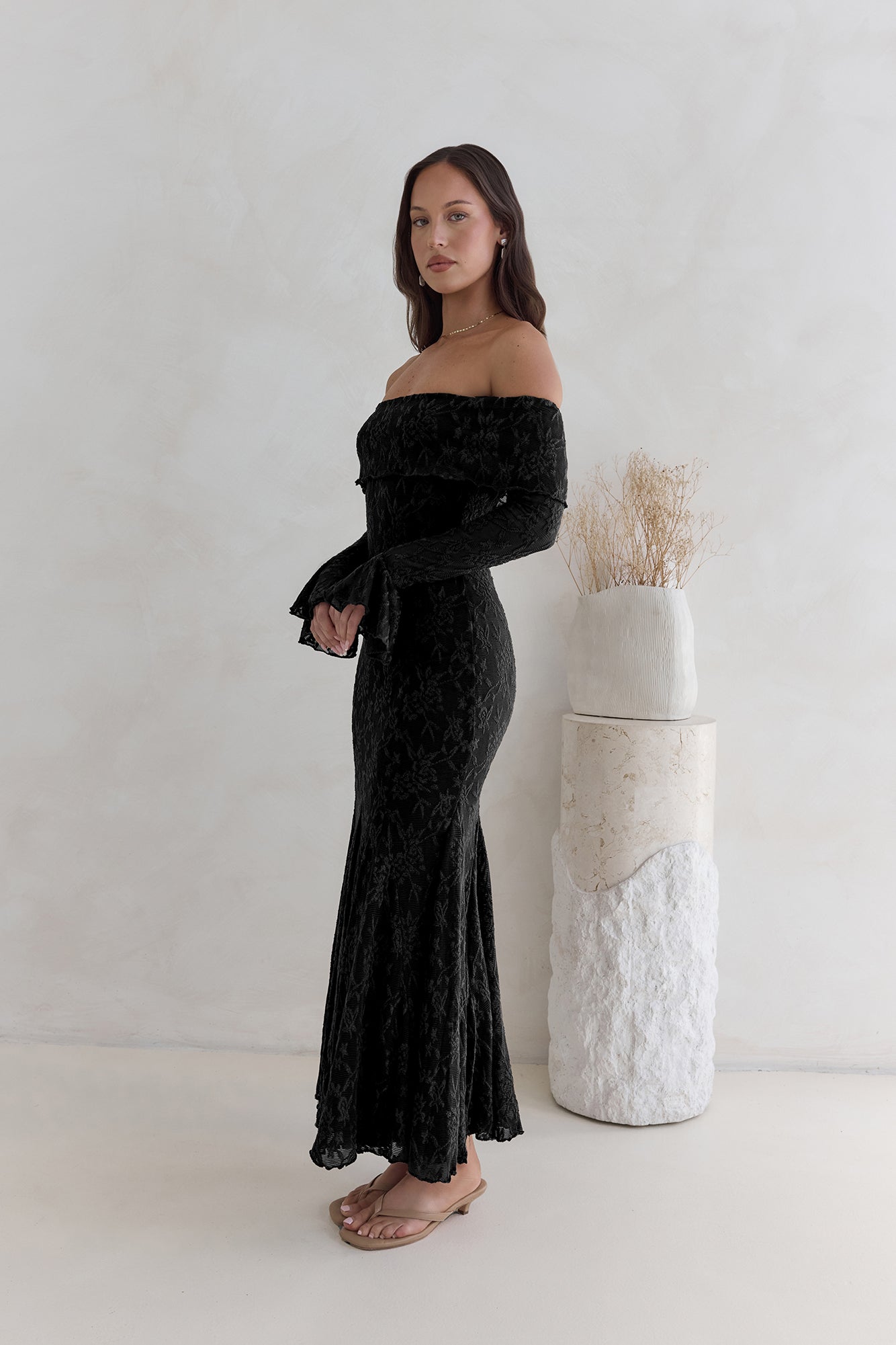 Here for Love Off Shoulder Mesh Maxi Dress Black Size S