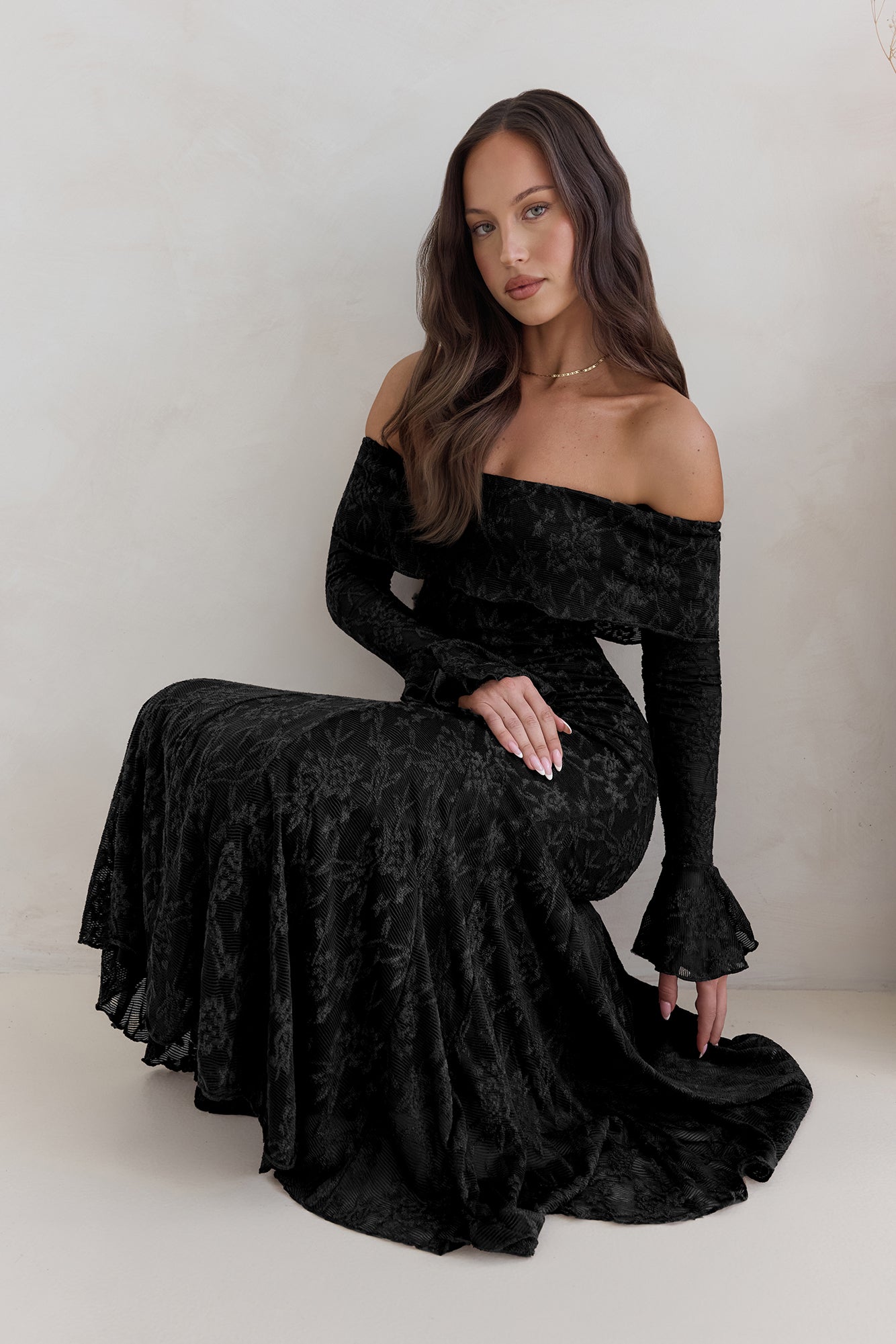 elegantly fab off shoulder maxi dress black Elegant Off Shoulder Ruffle Black Maxi Dress with Middle Slit