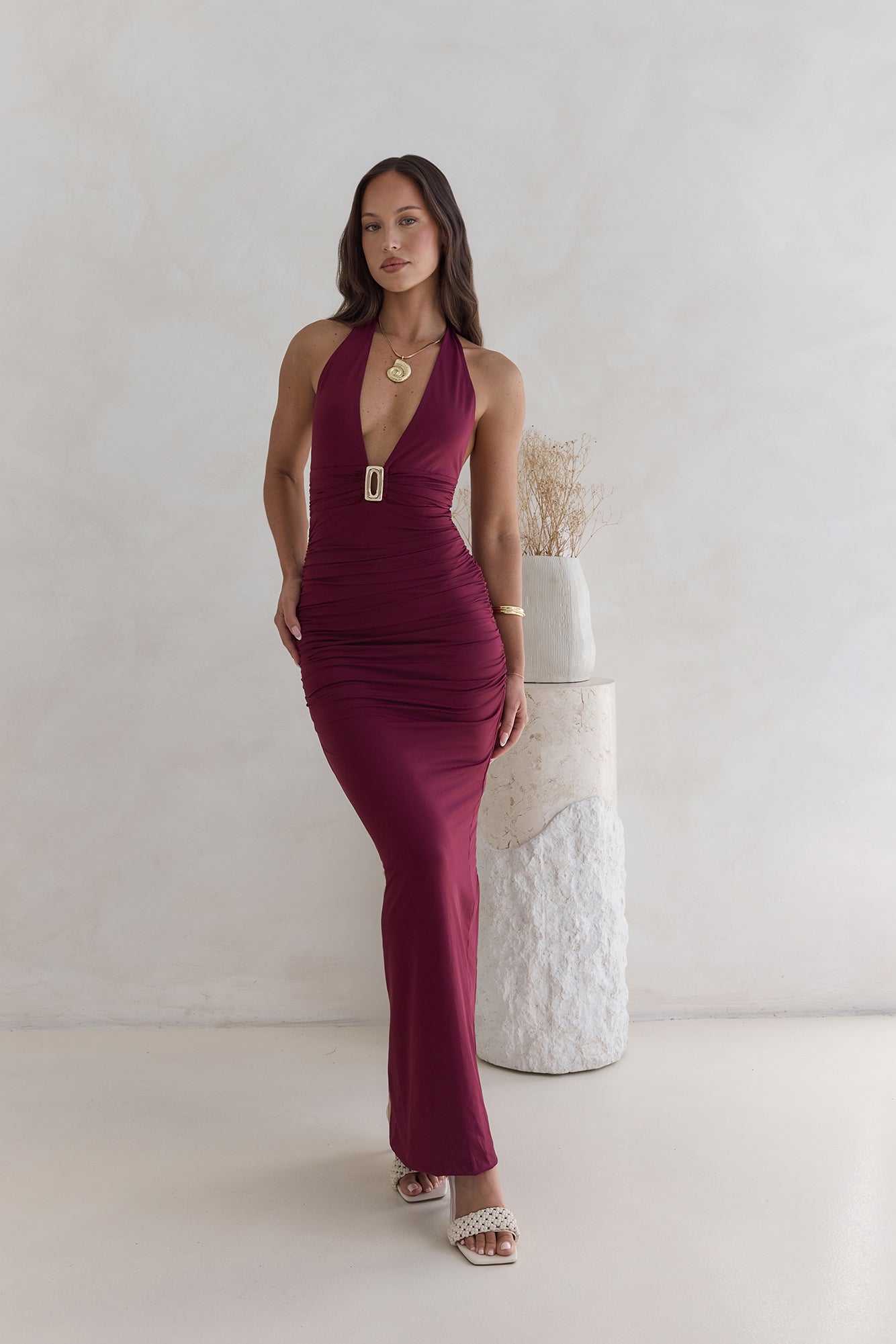 Womens Burgundy Plunge Halter Maxi Dress M