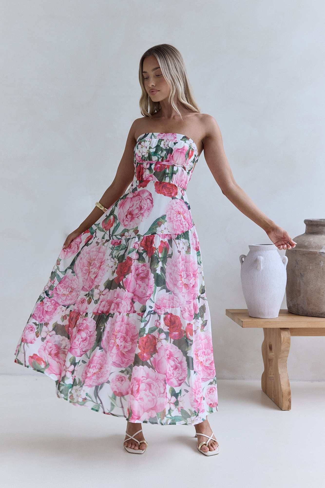 Bouquet in Bloom Strapless Maxi Dress Pink Size L