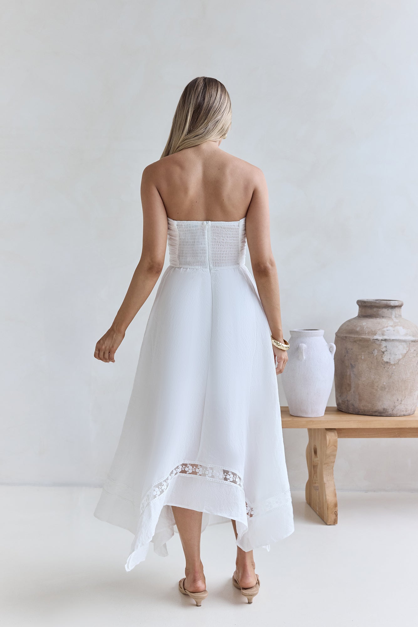 white strapless midi dress Melanie 35.0 CARE Hand Wash Cold Elegant Strapless Midi Dress with