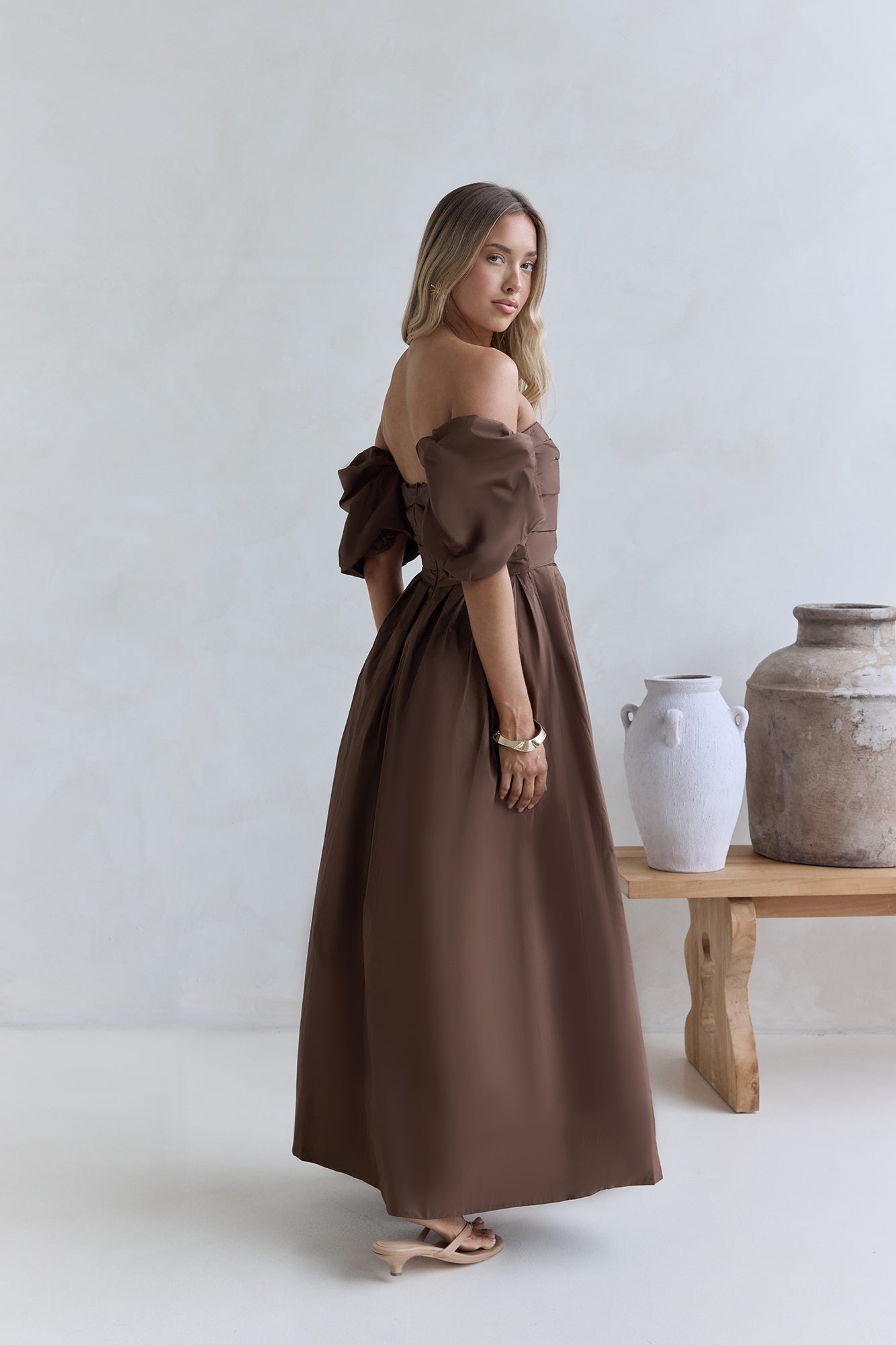 chocolate off shoulder dress Cruising Sunset Off Shoulder Dress Chocolate
