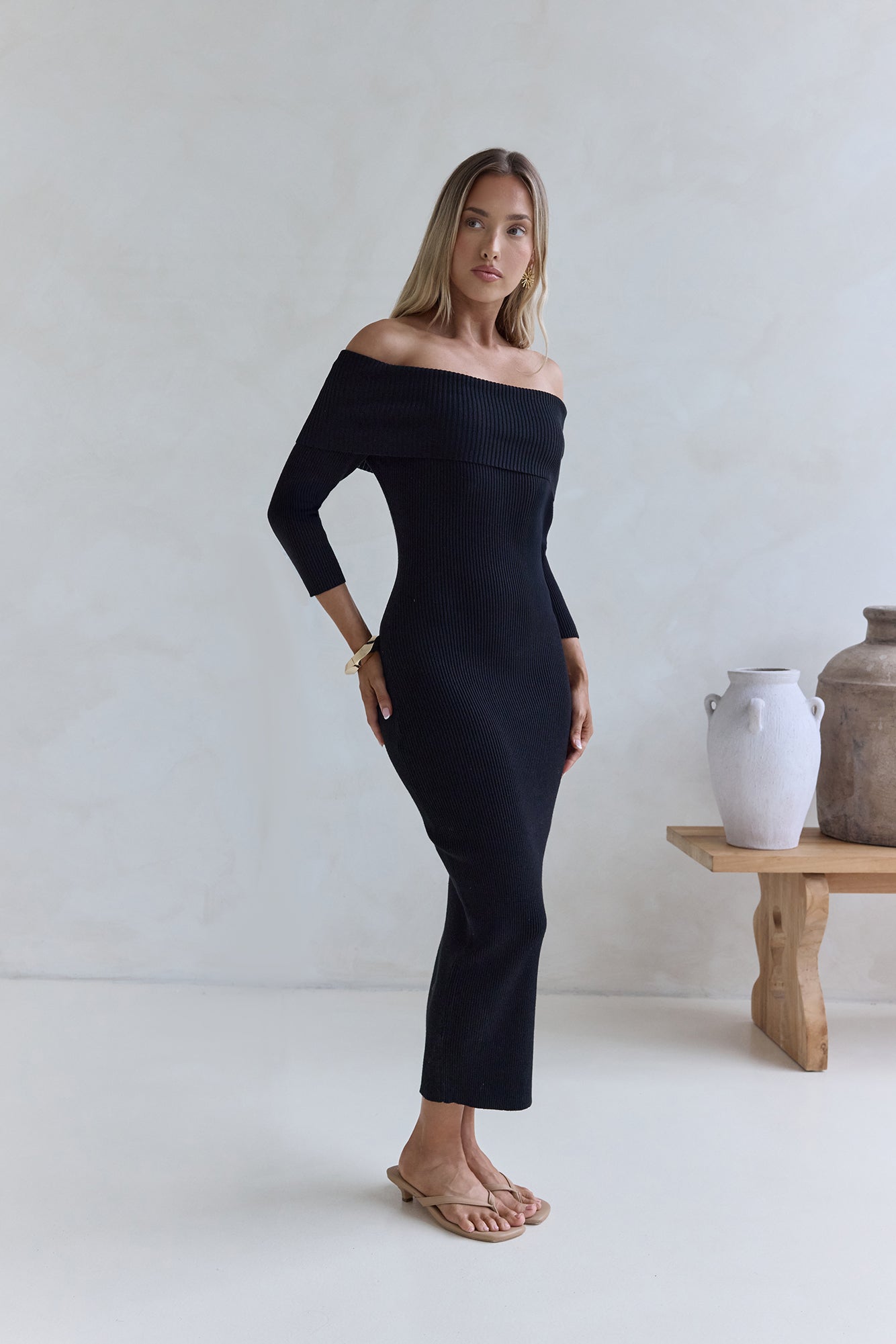 Chilled Luxe Off Shoulder Knit Maxi Dress Black | Fortunate One Chilled Luxe Off Shoulder Knit Maxi Dress Black | Fortunate One