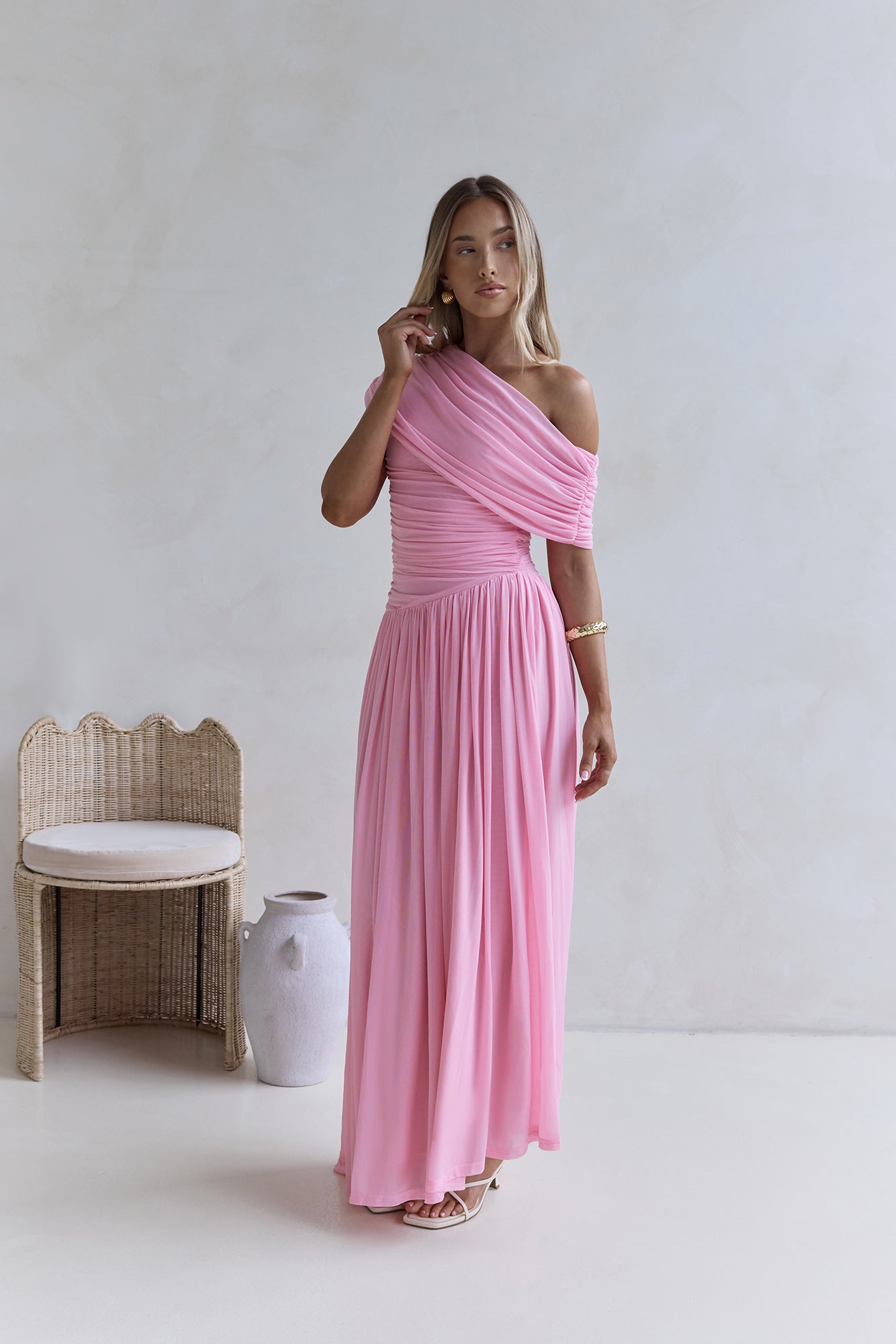 long mesh one shoulder illusion dress Hidden Flair One Shoulder Mesh Maxi Dress Pink